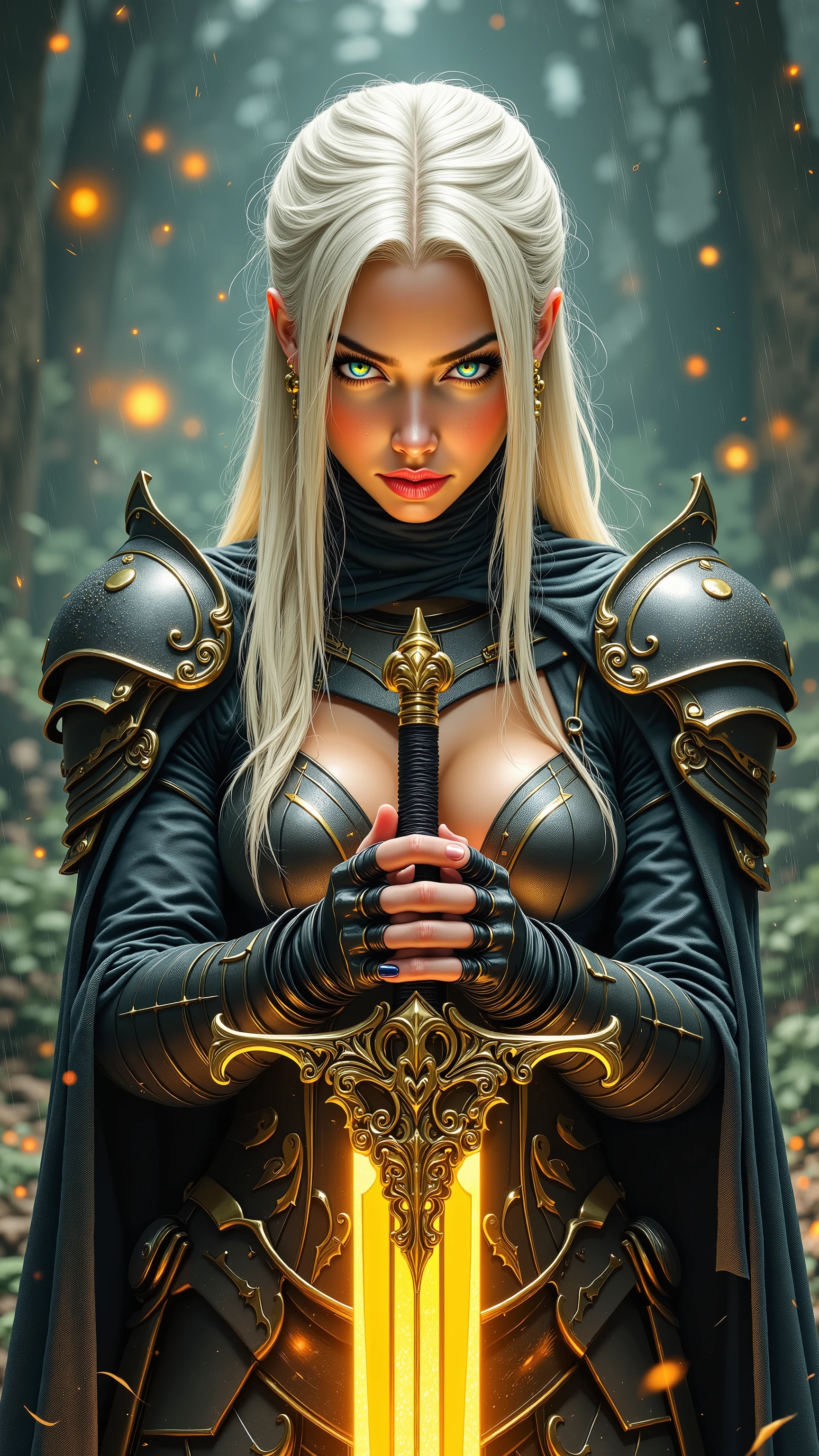a highly detailed, rough-textured color pencil sketch of a fantasy-themed digital artwork featuring a majestic woman with straight, light hair cascading down her back, her fair, porcelain-like skin illuminated by the soft, warm glow of the ornate sword she firmly grasps, her focused expression exuding determination and intensity, her dark, intricately designed armor adorned with metallic shoulder plates and gauntlets that reflect the golden light, her hands clasped around the sword's hilt with a sense of reverence, the sword itself radiating a vibrant, golden aura that casts an ethereal light on her face and surroundings, set against a misty, rain-soaked forest backdrop with blurred, muted greens and blues, hints of distant, soft orange lights adding an air of mystique, the composition centered on the woman and the sword, creating a sense of power, mystery, and ancient wisdom, with visible pencil marks and texture of paper adding a tactile quality to the piece.