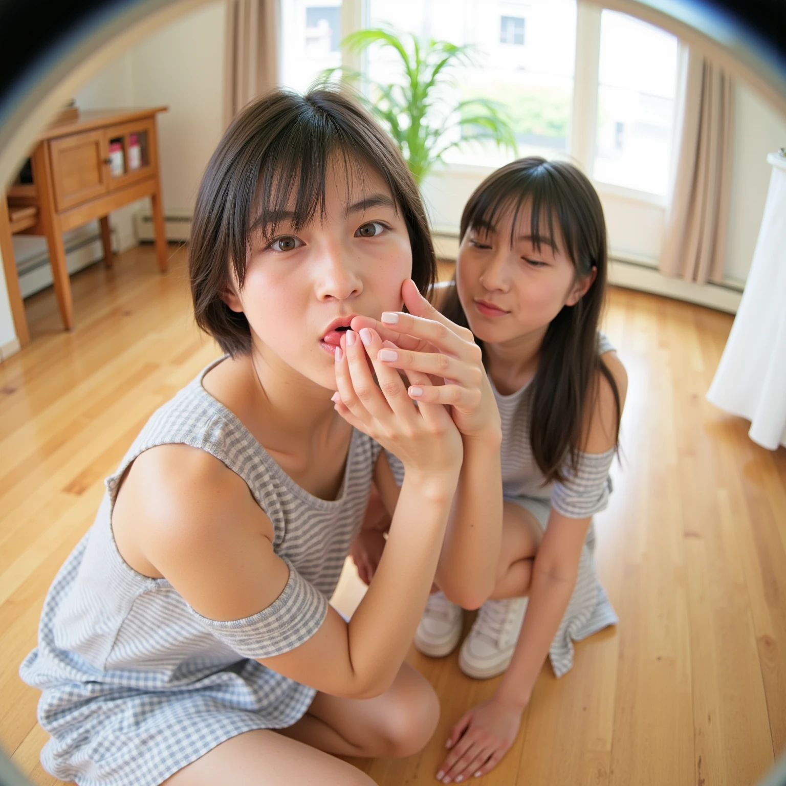 (highest quality、4k、8k、High resolution、masterpiece: 1.2)、Super detailed、(Real、Photorealistic、Photorealistic: 1.37)、(Photographed through a fisheye lens:1.2)、(Accurate depiction of fingers)、(Correct Anatomy)、A beautiful woman wearing the finest lingerie、Blushing, blushing、((Squatting with legs spread wide: 1.5))、Panties exposed、Looking directly at the camera、Urinate freely、((Urine flows down:1.5))、Focus on the crotch between your legs、Food section of a supermarket