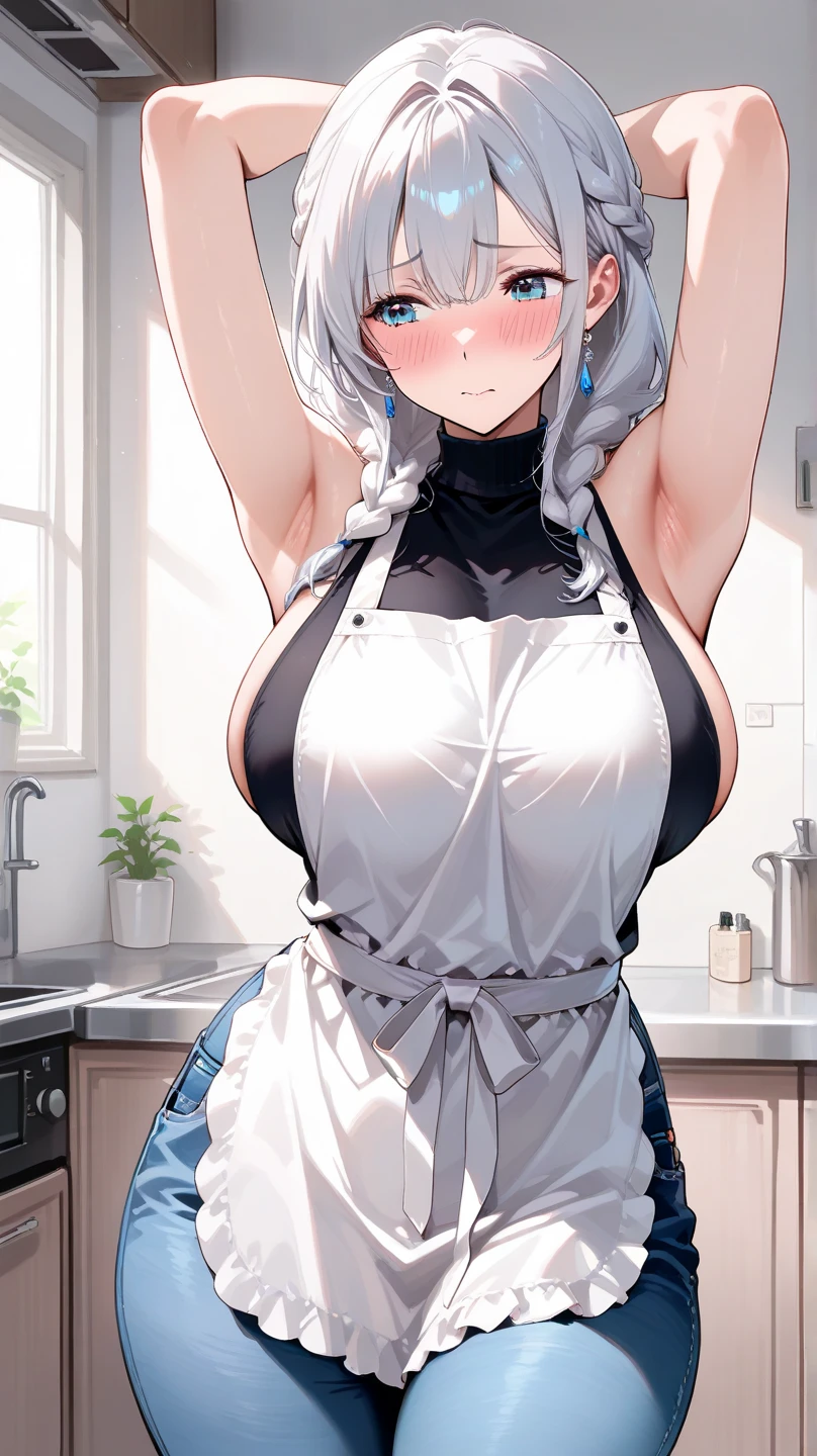 Best quality:1.3), large breasts, naked, apron, cleavage, (pov, close shot), standing, kitchen background, blushing:1.2, (see-though apron:1.2)