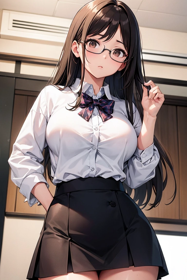 office lady, business suit, blazer, collared shirt, crop top, 1 woman, solo, long sleeves, tummy, navel, stomach, midriff, waist, office, blush, black trousers, long hair, medium breasts, glasses, dark hair color,