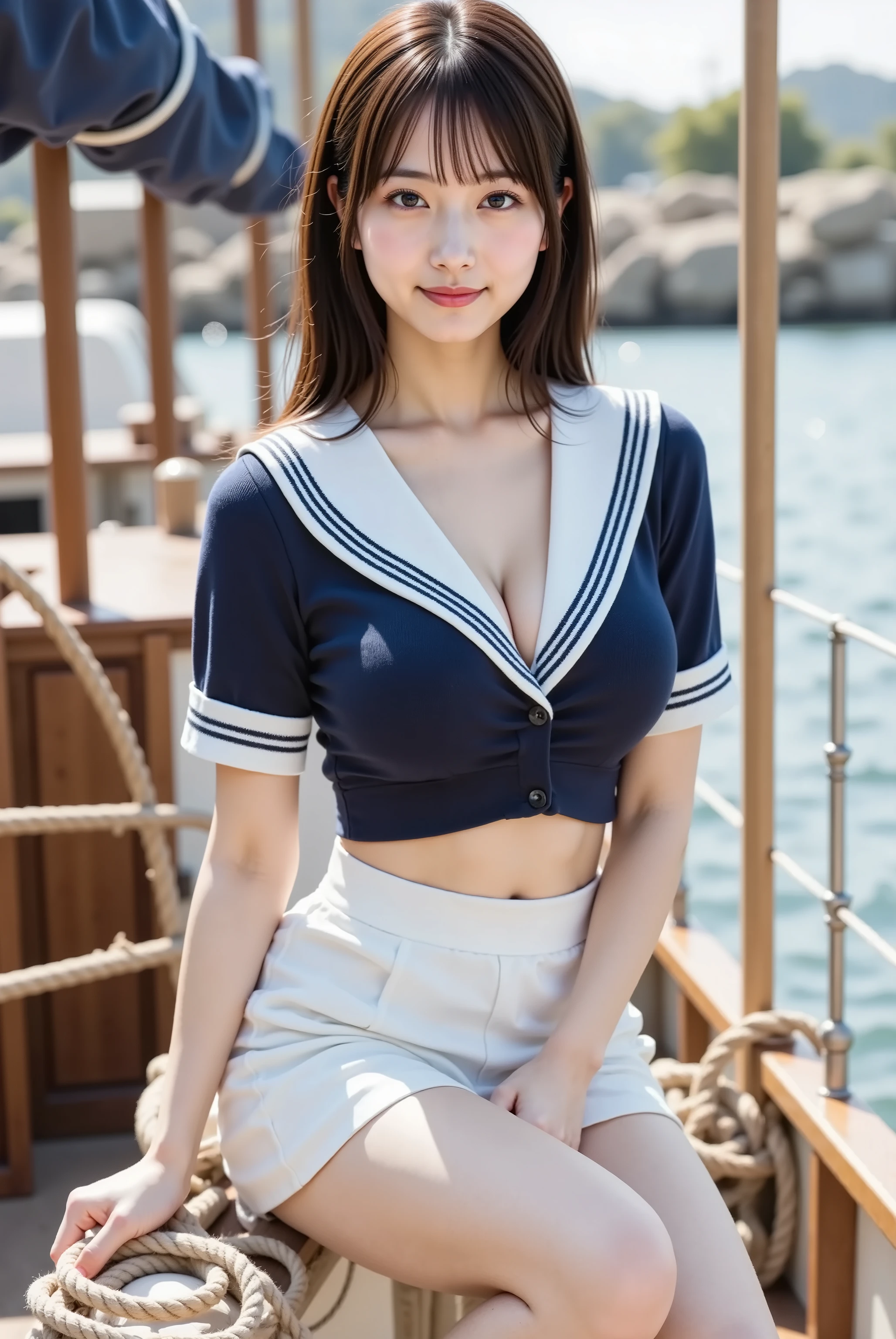 professional photography, masterpiece, high resolution, a knee-up portrait of a 20-year-old vibrant Japanese woman with a fresh and joyful smail, sitting on the teak deck of a sailboat moored in a sunny harbor. She has delicate Japanese facial features, a soft angular jawline, high cheekbones, a small refined nose, naturally arched eyebrows, large expressive eyes sparkling in the sunlight, with intricate iris patterns and detailed pupils, and long natural eyelashes. Her skin is porcelain-smooth with a natural healthy glow and realistic texture with visible pores. Her long, straight black hair is blowing gently in the sea breeze, with individual strands catching the light. She is wearing a modern navy blue and white V-neck sailor-collar top, which perfectly frames her voluptuous, ample bust and a clear, deep cleavage, paired with a crisp white pleated mini skirt. Her hands are resting on a coiled rope on the deck. The composition is a professional portrait following the rule of thirds, aspect ratio 2:3, with a slightly low angle. Shot on a Canon EOS R5 with an 85mm lens at f/4 for a slightly deeper depth of field to include some deck details, ISO 200, 1/250s shutter speed, creating a beautiful bokeh of the sparkling water and other boats in the marina. The lighting is bright, natural sunlight, creating crisp shadows and a beautiful, dappled light reflected up from the water's surface, highlighting her features. The color palette is bright and clean, dominated by blues, whites, and the warm brown of the teak wood, with a natural 5600K color temperature. Hyperrealistic intricate details are visible, from the weave of the sailor top's fabric and the sharp pleats of her skirt to the grain of the teak deck and the texture of the rope. The mood is cheerful, carefree, and captures an authentic moment of summer leisure.
