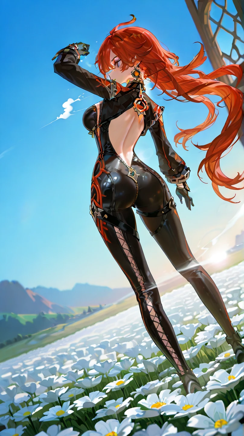 Miss Fortune from League of Legends, red hair, red pubes, green eyes, hands behind head, low camera angle, ultra detailed face, wearing a skimpy black bikini, wet skin, oily skin, cute face, serious face, coming out from the sea, moonful night, moon background, UHD, side lighting, ultra-realistic, ray tracing, full body must be visible
