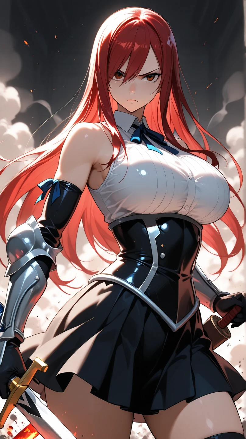 woman milf “"Giant breasts" + "large rear" + "wide hips" + "plump thighs" + "red eyes" + "(white star pupils)" + (("serious expression")) + "Long red Hair in a ponytail" + "Red Lips" + "Lucious Lips"”)}, {“Outfit”: ??????????? shirt, short tight black skirt, white Lab Coat})