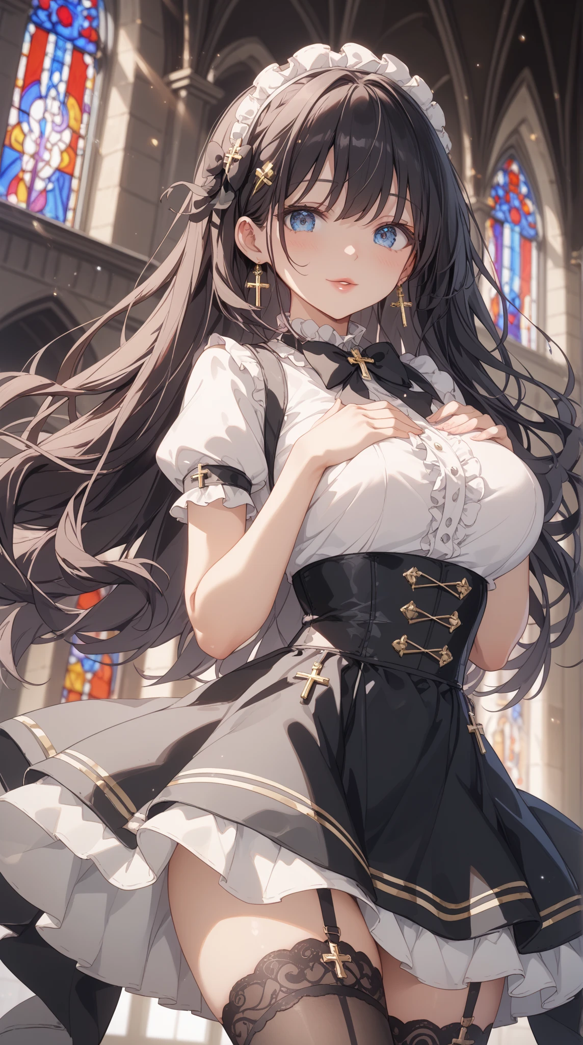 very cute and beautiful girl,(Very exquisite beautiful face and eyes), (smile),blush,Black Hair,Cowboy Shot,View your viewers,Kneel, (A blue lolita dress with a floral pattern and detailed frills),Fine lace,(Skirt flip,White panties), altar,church,indoor, (Highest quality,masterpiece:1.0),Absurd,High resolution,Super detailed,Very detailed,32k,8K resolution, Intricate details,Movie Scenes,Detailed Background,alone,Dynamic Angle,Perfect hands,