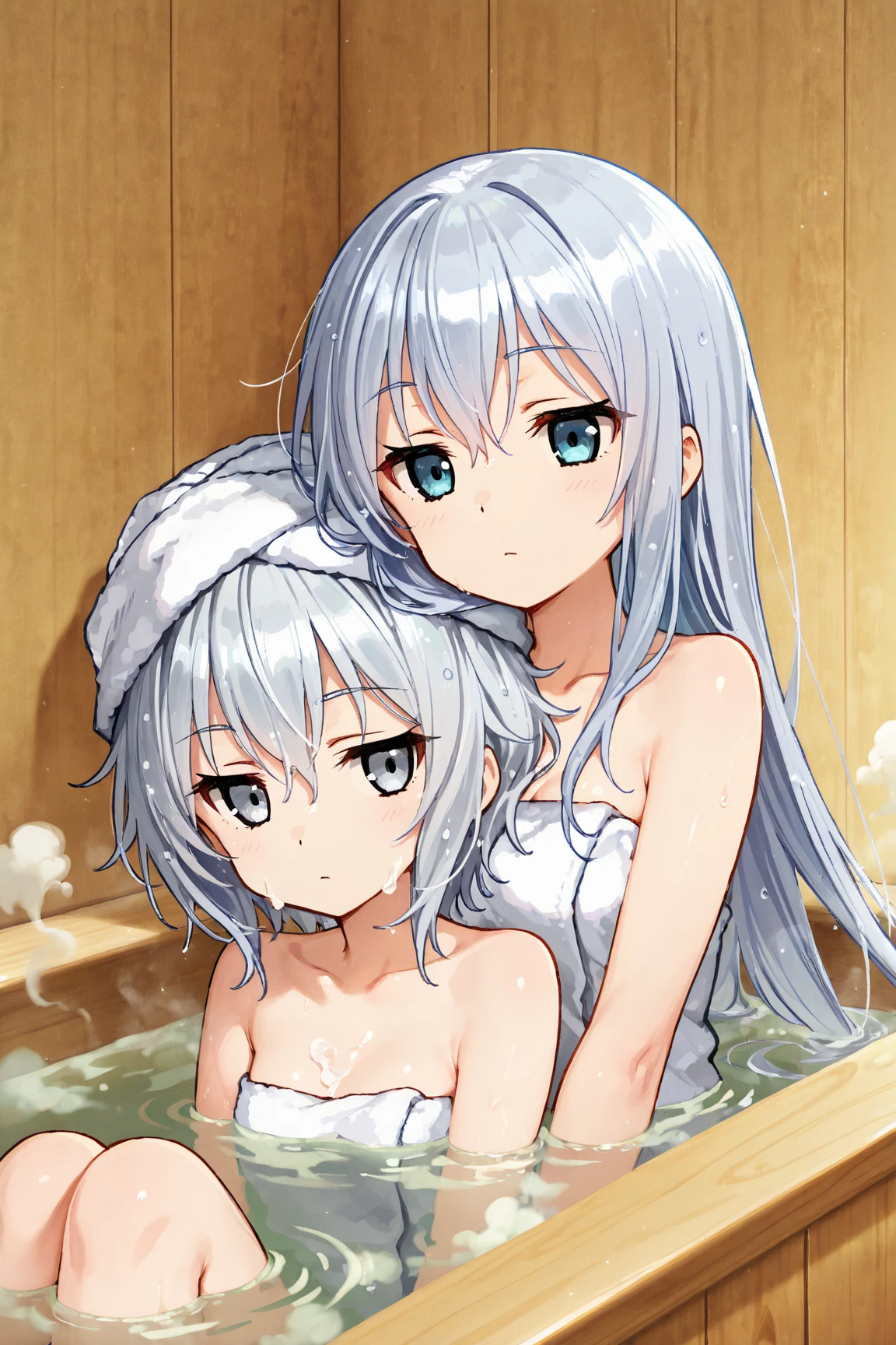 Anime girl with gray hair and blue eyes in a hot spring. With her black-haired friend