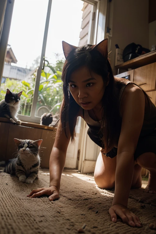 a cat scolding her kitten in a messy room, Detailed facial expressions, dramatic lighting, film composition, swirly vibrant colors, 4K, hyperrealisti, photorrealistic, oil painting, dramatic lighting, Warm Color Palette, Depth of field, high qualiy, awardwinning