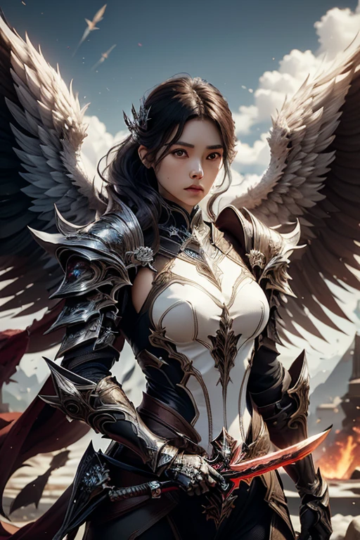 best quality, 8k, very delicate and beautiful, highly detailed face and skin texture, shiny skin, high resolution, big tits beautiful angel in sexy armor with weapons at battlefield, sharp focus
