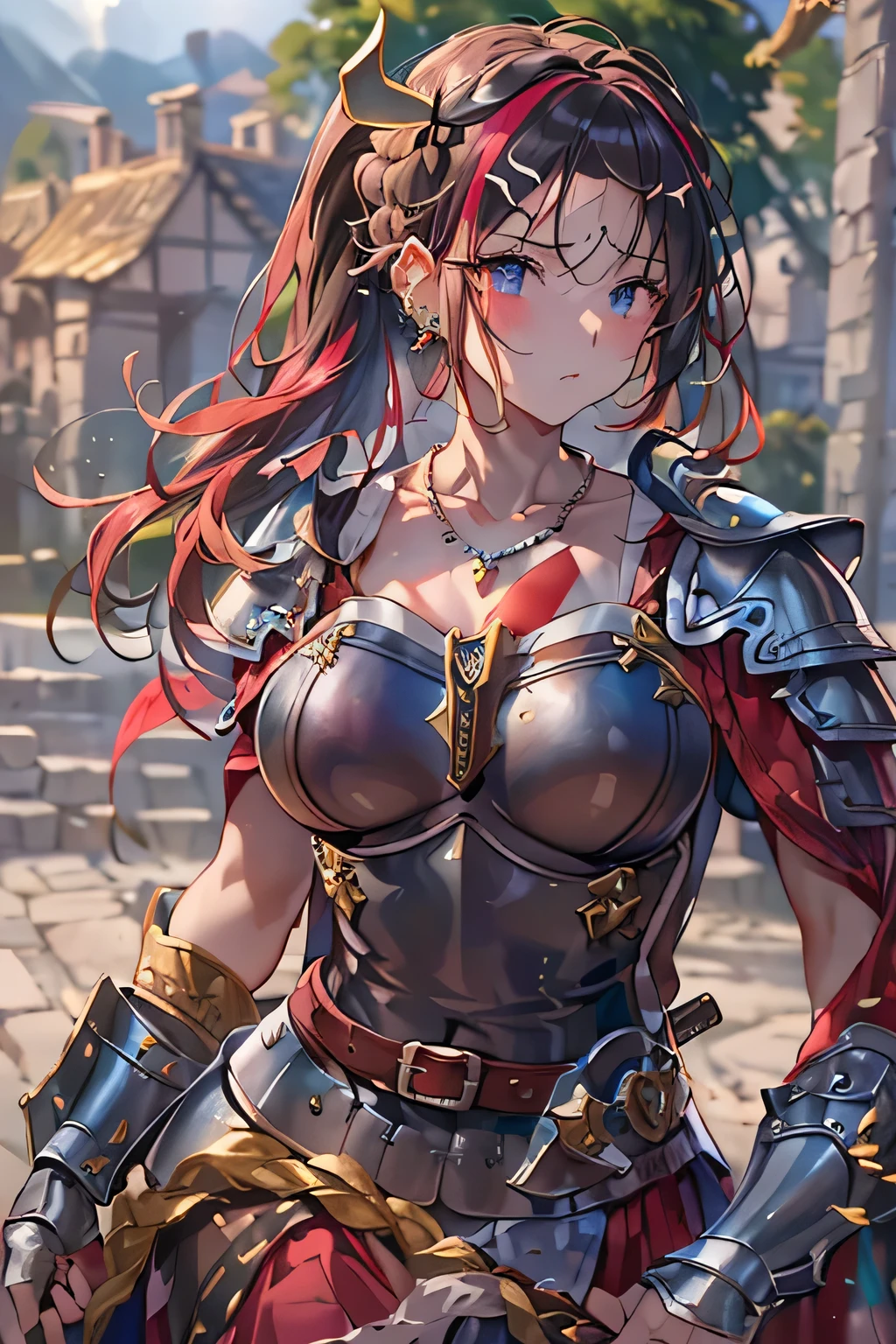 dark reddish-brown,Scars all over the body,1girl,solo,Simple Armor,axe,Super huge breasts,looking at viewer,village back ground