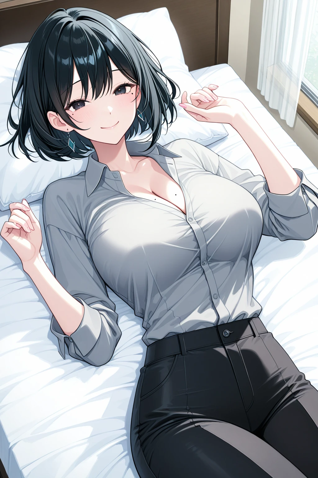 ((super high quality,Ultra-high resolution,4K,8k,super masterpiece,Ultra HD ,Detailed shading)),Full body photo,Angle from a high ceiling,Lying in bed,A seductive mother,popped collar White shirts,Tight collar,Long sleeve,BLACK Pencil Skirt,Black Hair,Penis insertion,Sex,Glasses,Place your hands behind your head,Spread your legs,Sex,Ahegao,Sweaty,semen,Drooling,Pearl Earrings,Pearl Necklace,