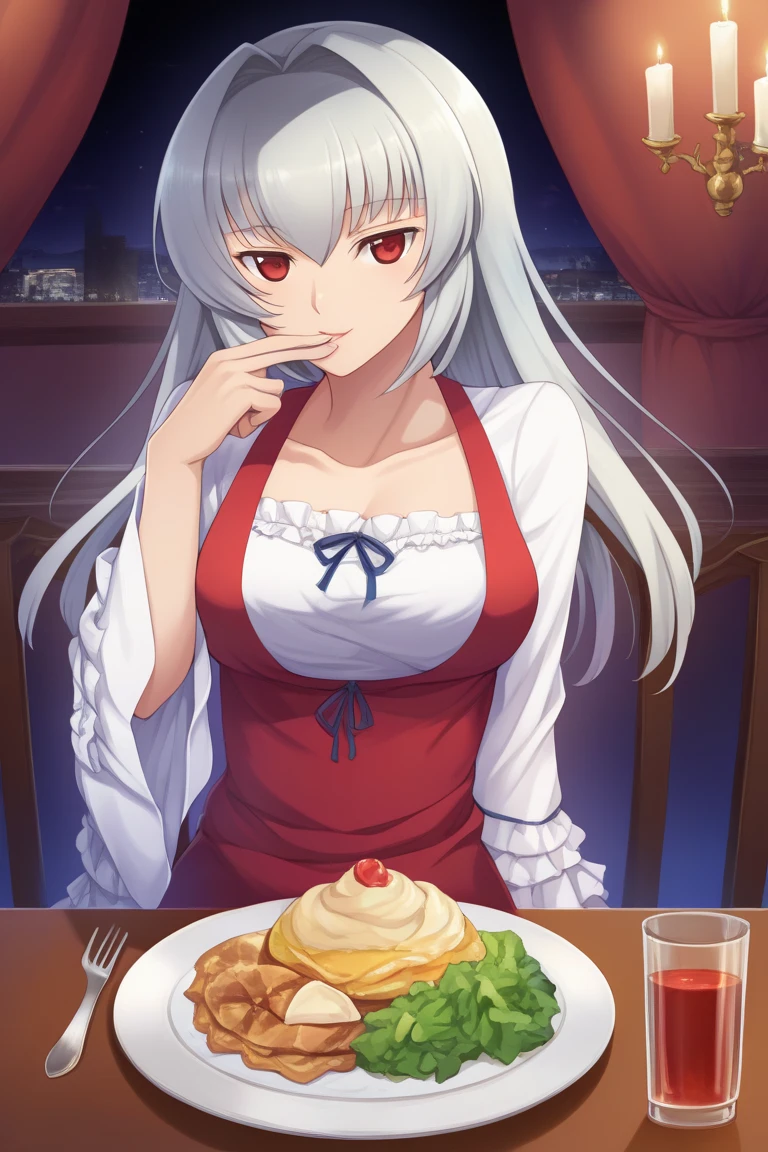White haired woman with ruby red eyes, wearing elegant clothes, drinking milk and eating steak at a bar, anime art ,Make her clothes more covered to be polite ,Her clothes are more covered