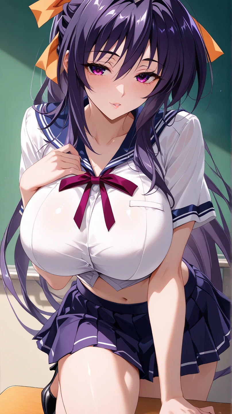 Girl in Priestess Uniform, kasumi iwato ,Outfit with open chest, Shoulder-exposing sleeves, Short hakama, Kasumi Iwato, smile, looking at viewer, (Huge Breasts:1.6), Inside Japan house, Close-up from the waist up,