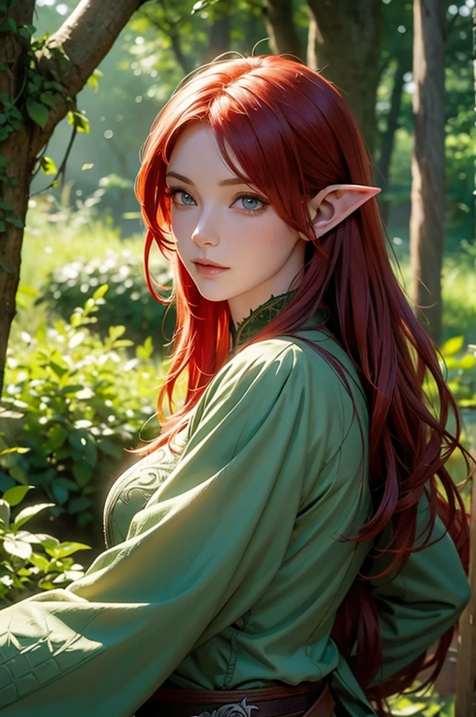 uma menina elfa corp interio, grama, campo, flor, cabelo vermelho, with red hair with a braid in the hair and green eyes, Princesa elfa, Keyleth, Princesa elfa,, elven character with smirk, side portrait of elven royalty, female elfling, Menina elfa, Rio Princesa, elfo princesa cavaleiro, Ela tem orelhas de elfo e olhos dourados, Elfo feminino