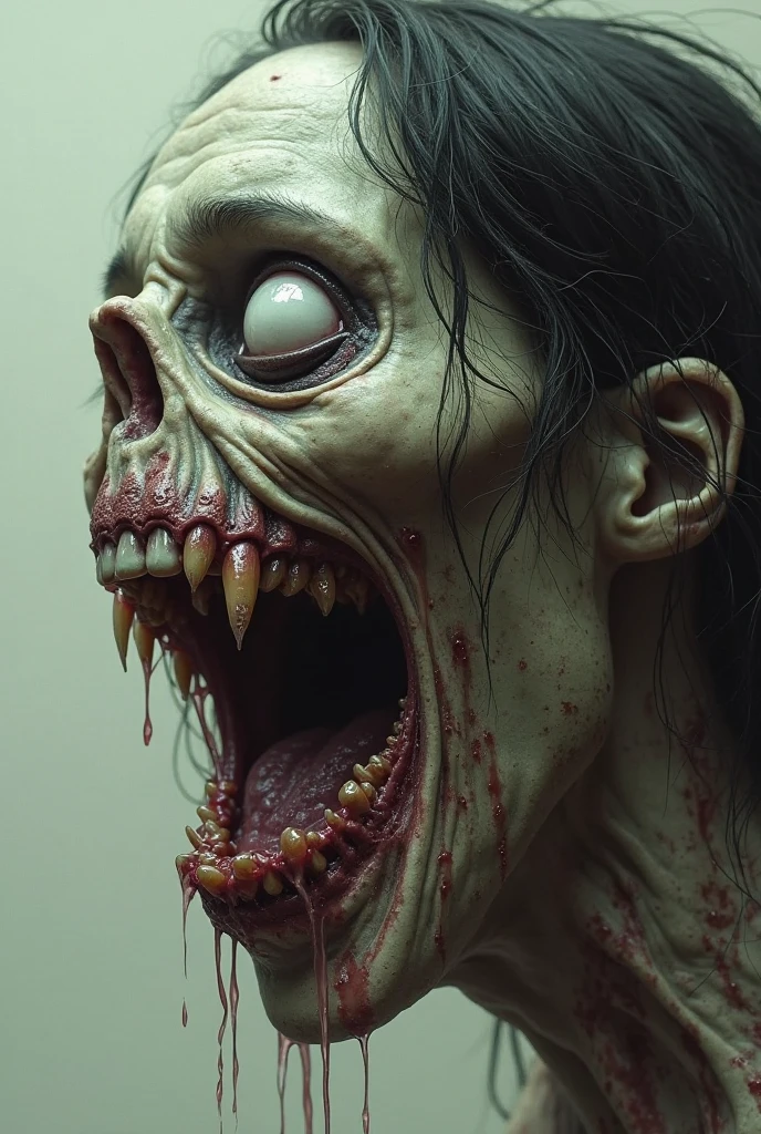 The image shows a bust of a terrifying figure, with a grotesque and disturbing appearance. The face, of pale and deteriorated skin, is covered in scars and open wounds, with blood flowing from several of them. The eyes are a greenish yellow color., with a sinister glow that reflects evil. The mouth is unnaturally open, with a long tongue, sharp and forked, which appears to be covered in a greenish slimy substance, which is also observed on the neck. The hair is long, Dark and messy, falling in loose strands around the head. The expression on his face conveys profound terror., making the image especially shocking and chilling.