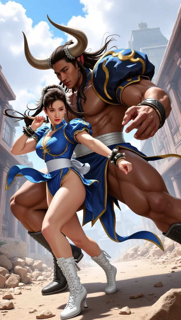 A tall black African muscular man vs Hanfu beauty，face to face，antagonism，hands on hips，Chest，head looking up，(beautifullegs:0.9)，from below