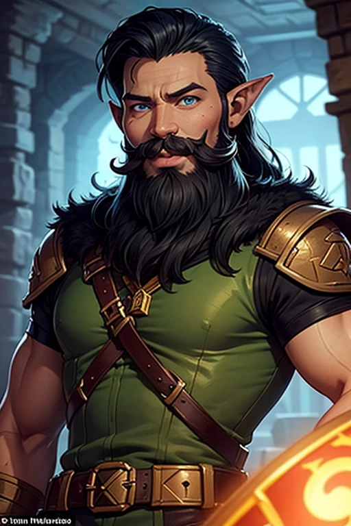 8k, masterpiece, best quality, realistic, higly detailed, cowboy shot, 1male, 1gnome, Podri lapledople, solo, small stature, distinctive features, standing at 4 feet tall, lean and wiry build, fair to light tan skin tone, black wild unruly curly hair, large expressive gray eyes, curiosity and a mischievous spark, rosy cheeks, adorned with freckles, slightly upturned nose, inquisitive look, long and luxuriant braided and adorned beard, pointed ears, slave vests