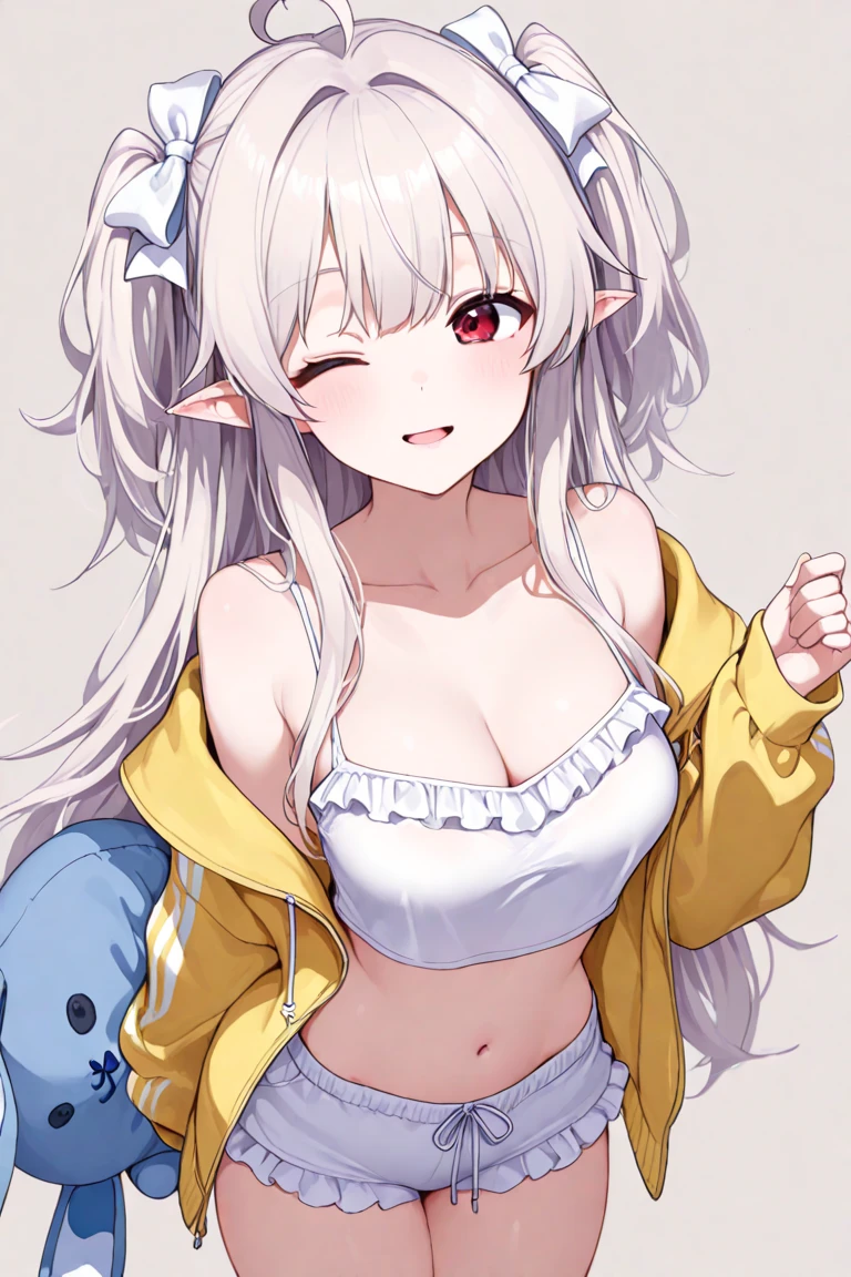 masterpiece, best quality, 1girl, solo, adult, light silver hair, long hair, earrings, green eyes, detailed face, white crop top, large breasts, shorts, stocking, arm belt, infront of viewer, empty look, an angel, has elf ears,