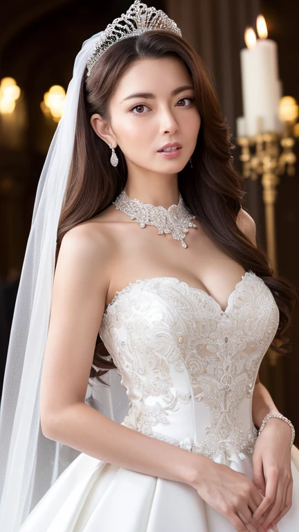 (1girl), Updo hairstyle, Princess, Extremely cute face, Amazing face and eyes, (Highly detailed eyes, Highly detailed face), fresh, Very clean appearance, (Hyper-realistic, hight resolution), (Best Quality:1.4), (hyper quality), Authentic skin texture, Raw photo, (Realistic, Photorealsitic:1.37), highly detailed, Professional Photography, (beautiful lace bridal dress:1.5), (lace bridal dress with open front), (cleavage:1.2), (Bare shoulders), Smile slightly, (Staring at me), luxurious tiara, luxury accessories, necklaces and earrings, (luxury living room:1.3), girl portrait,