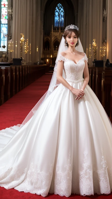 ((realistic)),(masterpiece),(Best Quality), (Super Detail),((Very delicate and beautiful)),Focus on character,Dynamic Angle,Looking at Viewer,((Solo)),Standing,((Full body)),((One princess in a voluminous skirt and gorgeous ball gown wedding dress)),((June bride)),Detailed face and eyes,Eyes Like Gems,((Very Long voluminous Hair)),gorgeous embroidery and lace,((Gorgeous corsage)),See-through,(Gorgeous jewelry ornaments),luxury hair ornament,luxury tiara with jewels,ornate ruffles,((huge-breasted,Long breasts)),Indoor,Church Wedding,((Full body)),hoop skirt,crinoline,Very long wedding veil,(((Fusion of jeweled wedding dress and gorgeous embroidered rococo ball gown)))