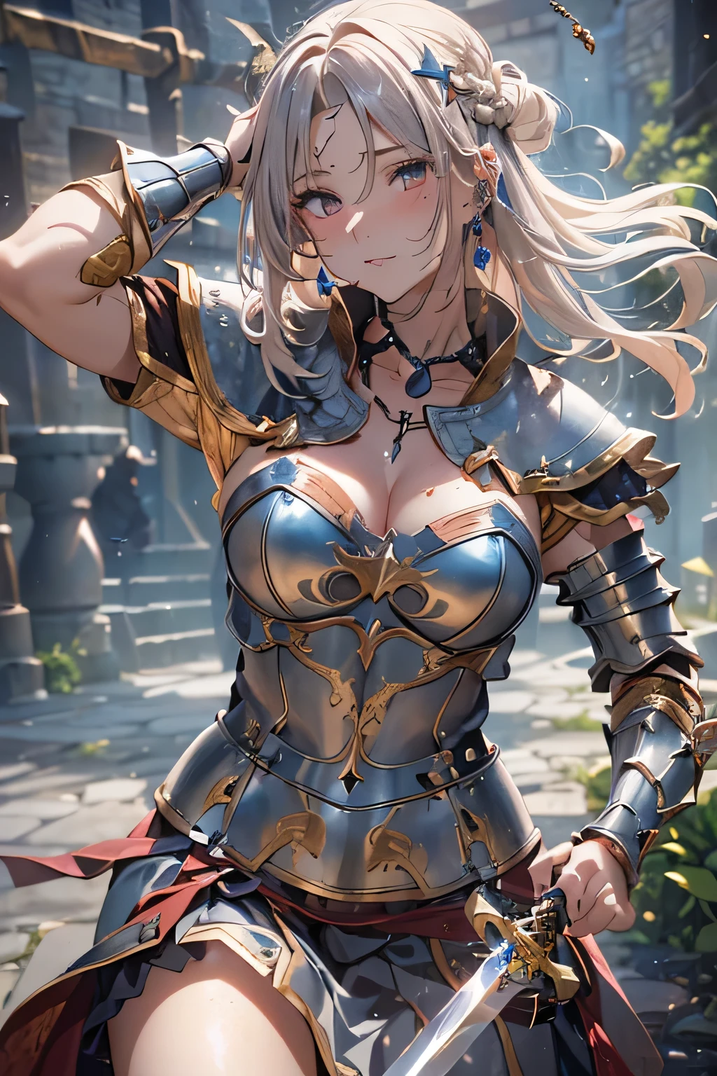 Very detailed、highest quality、(Best image quality:1.5)、(masterpiece:1.5)、8k、Anime Face、A kind smile、Open Mouth、(Beautiful bright blue eyes:1.5)、(Blonde wavy hair:1.5)、Muscles of the whole body、(Thigh belt:1.3)、(She is wearing bikini armor with gold armor and white fabric.:1.5)、(Cowboy Shot:1.6)、(Wearing a helmet:1.5)、(Holding a spear:1.5)、Warm lighting