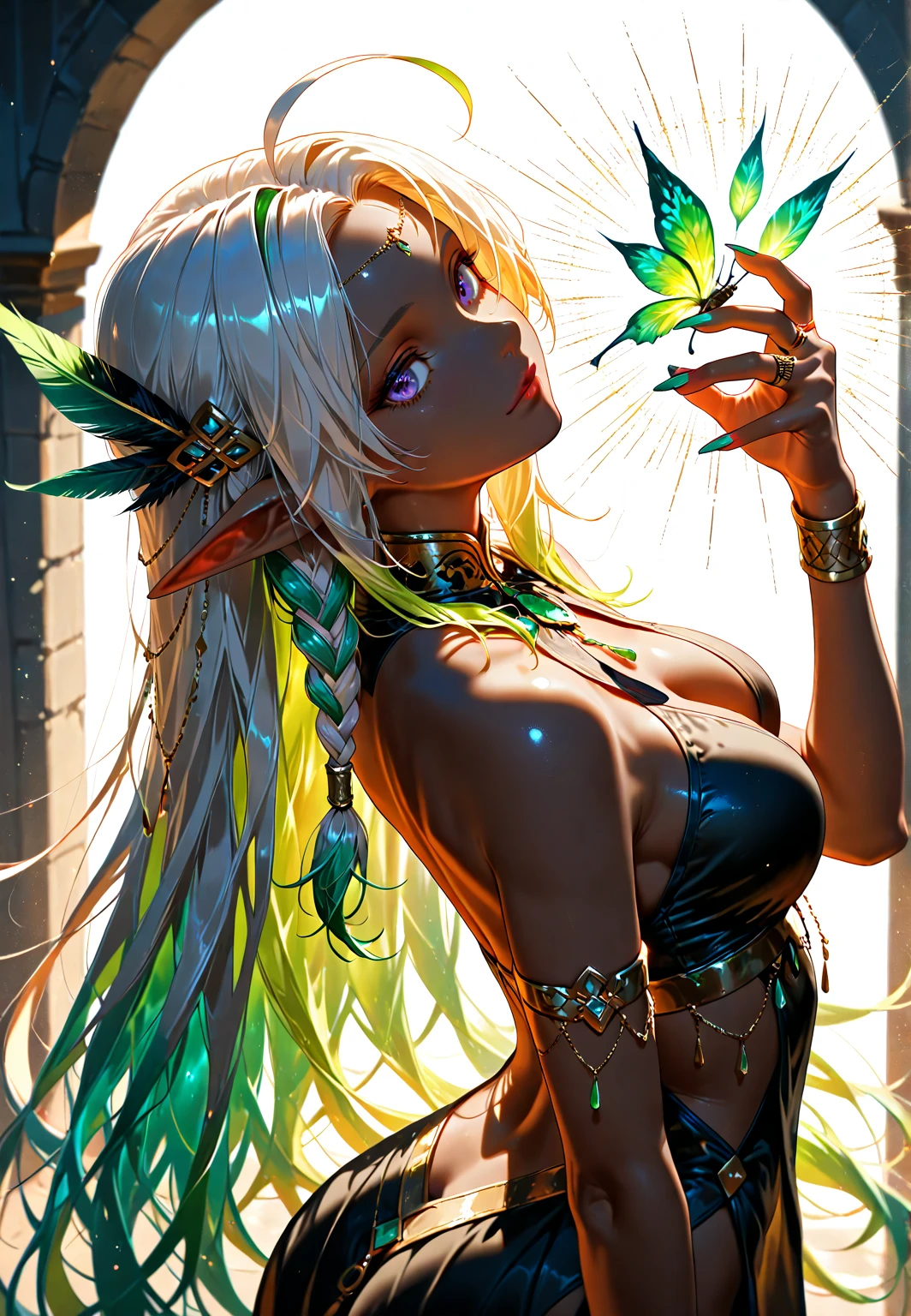 (masterpiece, top quality, best quality, official art, beautiful, cosmic, atmospheric, psychedelic, dreamlike and aesthetic, super huge enormously gigantic nude tits and nipples exposed, tons of tattoos and piercings:1.2), (1girl, green hair, sexy seductive slutty pose), extreme detailed,(fractal art:1.3),colorful,highest detailed, cherry blossoms and butterflies blowing in the wind