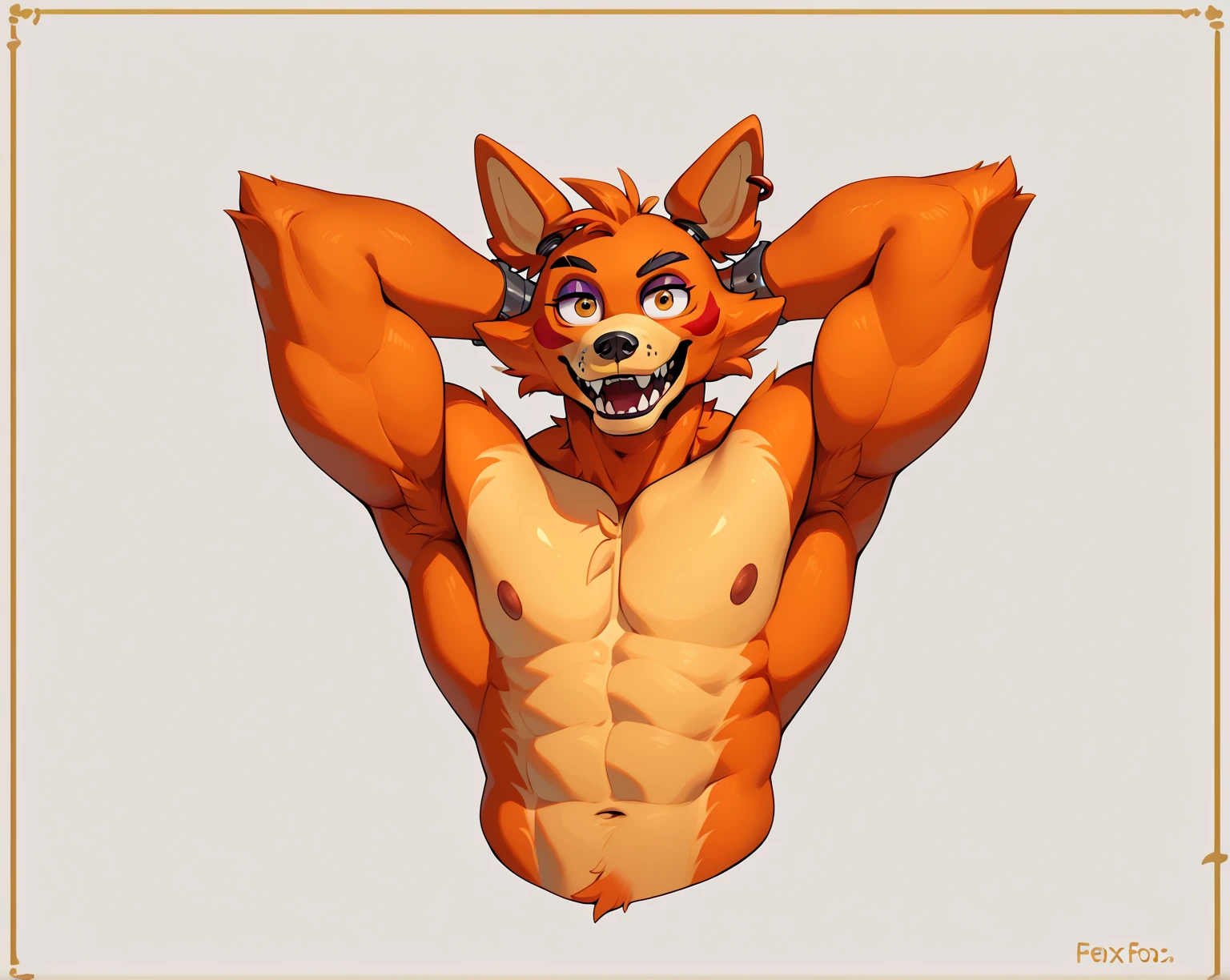 imagem de estilo de um homem com um corpo semelhante a uma raposa e uma camisa, musculoso, peito fofo, musculoso! Branco, peito peludo, super buff e cool, Commission for High Res,Raposa peludo, animatronic , Cinco noites no freddy , Foxy , corpo peludo, forte e imponente, thicc, musculoso!!!, corpo fofo, big muscle, large muscles, roupas latex, Tapes , roupas apertadas e marcadas com musculos , Strike a frontal pose with your arms back , flexing your muscles, penis duro e bem grande maior e grosso para fora com veias e curvado pra fora, one arm down and holding his own hard and large