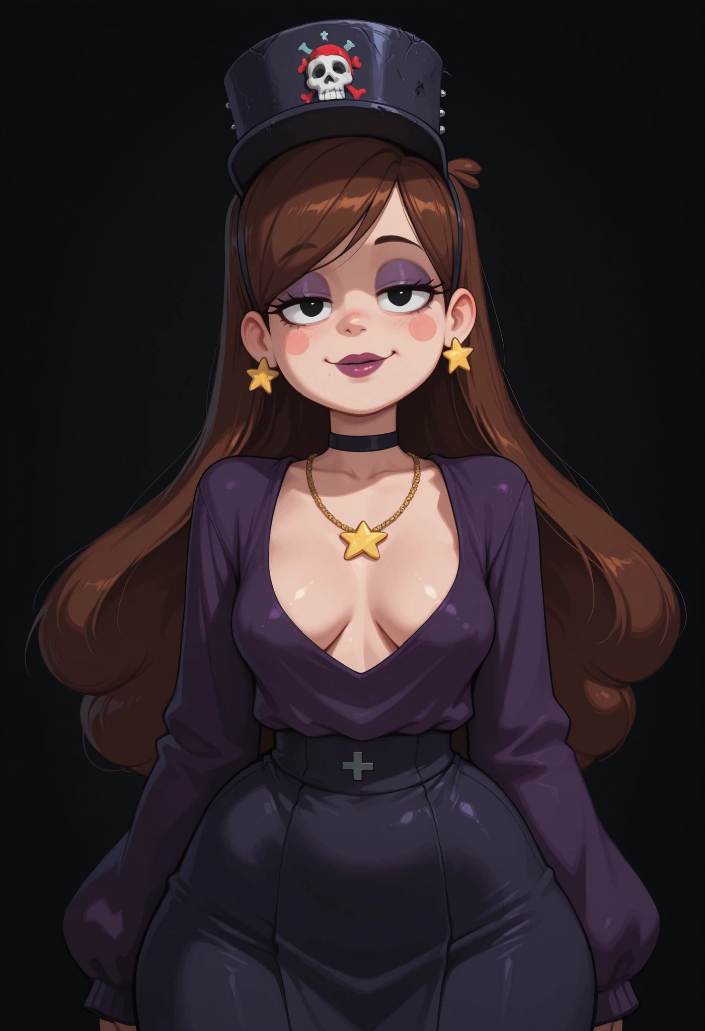Mabel Pines, blush stickers, brown hair. black eyes. half-closed eyes, small saggy breasts, huge hips. long eyelashes, choker. | Goth girl 1girl, solo, standing, looking at viewer, kokoshnik headwear, kokoshnik jewelry, necklace, makeup, lipstick, black background, portrait, dramatic, gritty, intense, nightmare, intricate details, hyper-detailed, cinematic , dark frame, grainy film, soothing tones, muted colors, multicolored,