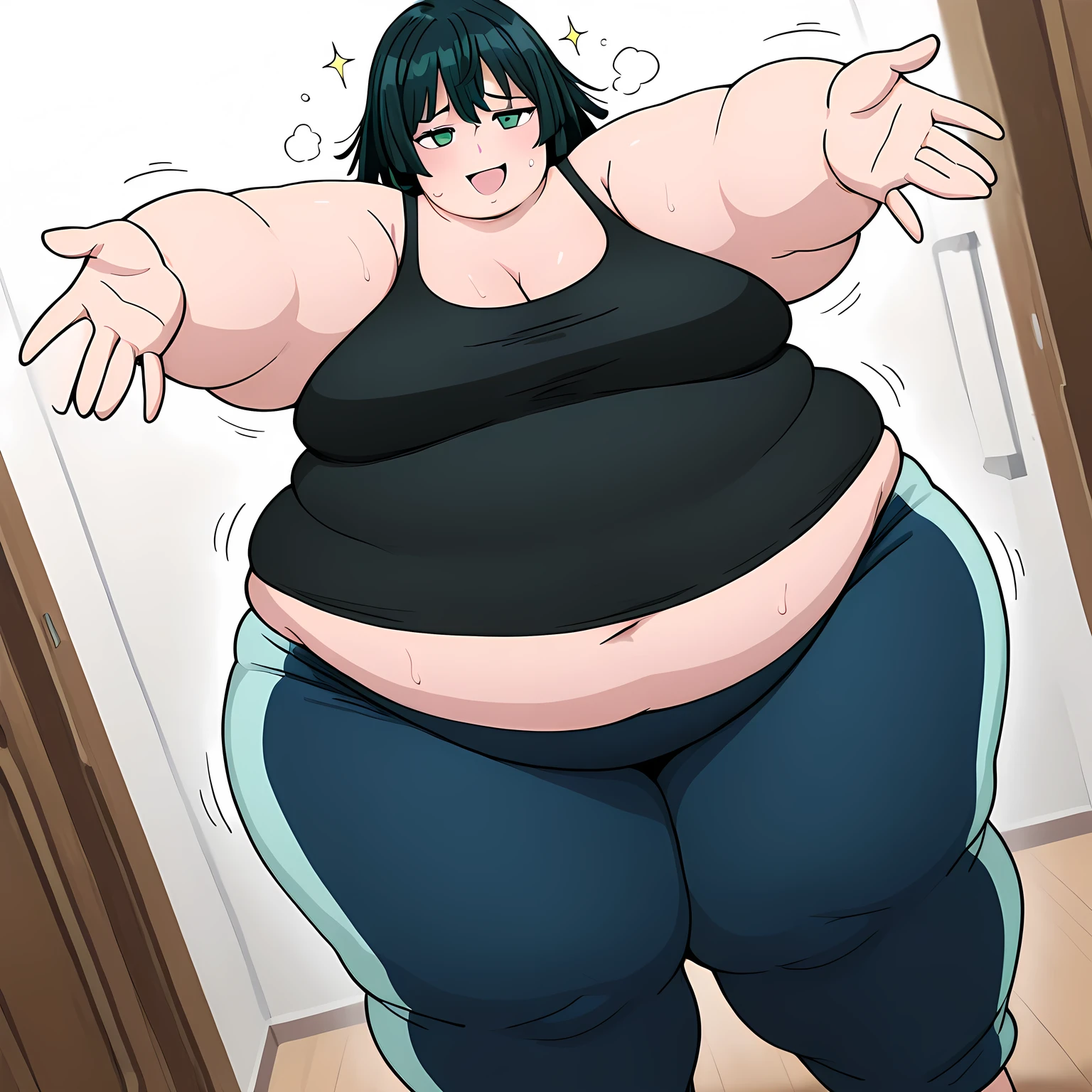 Round face, double chin, fat chin, fat cheeks, fat neck, round face, SSBBW, flabby arms, round face, double chin, fat double chin, big double chin, fat neck, chubby cheeks, fat thighs, fat calves, morbidly obese, flabby , giant , large belly, obese, fat face, belly, double chin, obesity, flabby breasts, fat arms and legs, fat everything,
((Masterpiece)), perfect anatomy, perfect shading, field of depth, (best quality), extremely delicate and beautiful, perfect lighting, detailed face, ultra cute face, cute, full body, (((1girl))), (((solo))),
gamer girl, short hair, fluffy hair, pink hair, hair covers one eye, green eye, ((blush))), embarrassed, (lack tank top 1.2), (panties 1.2), headset, thigh highs, choker, extremely tight clothes, medium breasts, cleavage, perky breasts,, fat rolls, belly hang, she has a jiggly belly, morbidly obese
gaming pc, neon lights, messy room, taking a selfy, intricate background, detailed background,
