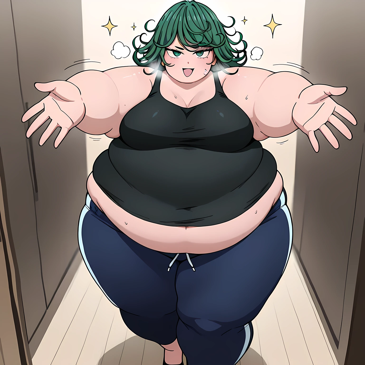 Tatsumaki 1girl , solo, green hair,green eyes,、 motion line、 Anime Coloring、、Big 、mature female、 Masterpiece、 high quality、 high image quality、 pretty finger、 detailed face, tank top, black shirt, sweatpants, dark blue sweatpants, u.a. gym pants, black tank top, shy smile, standing, , navel, midriff peek, fat, chubby, obese, gigantic arms and legs, large breasts open mouth, out of breath, showing feet, incoming hug, dynamic angle, sparkle,