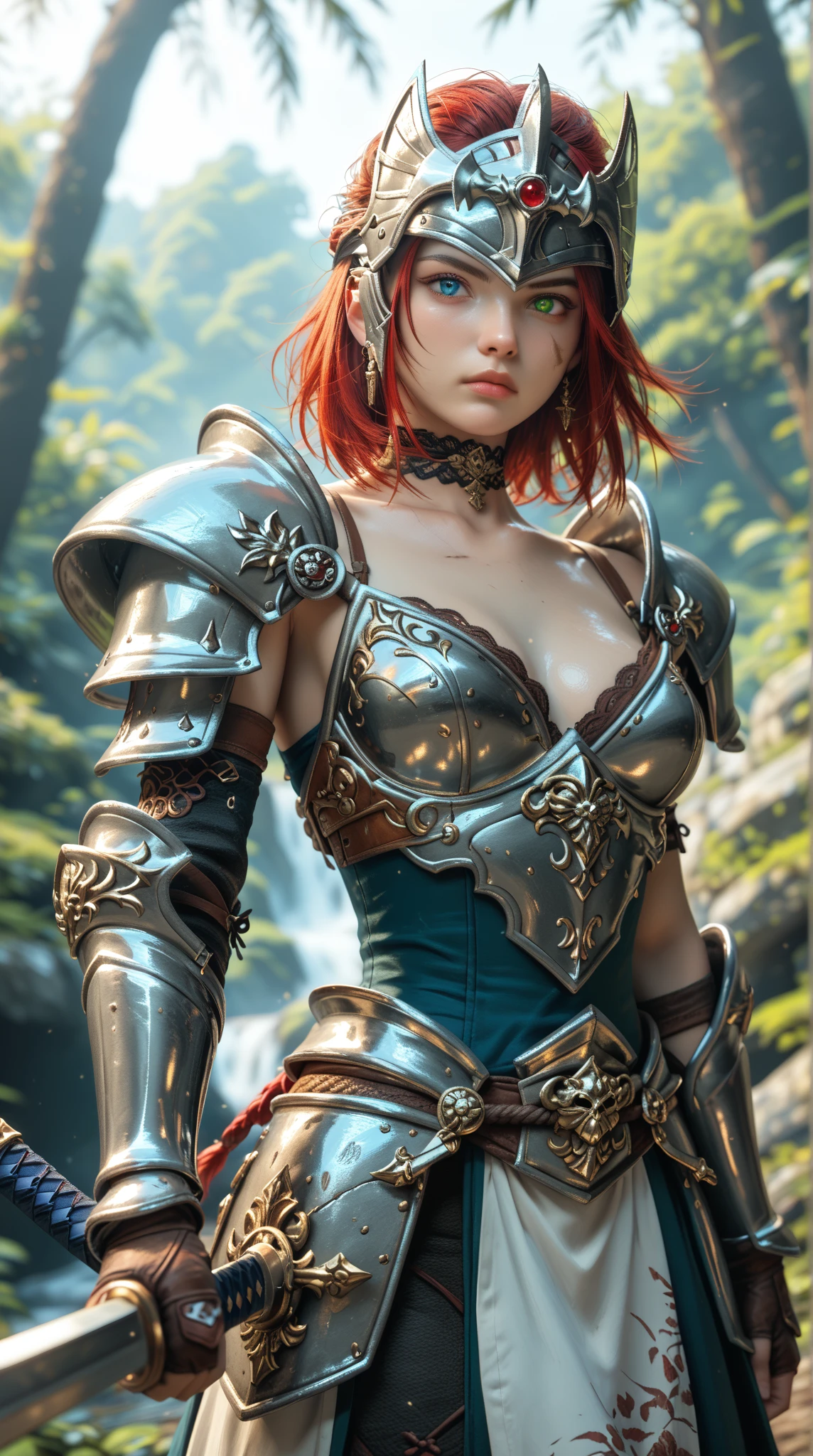 Redhead warrior, armor, medieval fantasy, D&d, RPG, ultra realistic, ultra detailed, best quality, 8k, wallpaper, steel breastplate, steel boots, steel gauntlets, steel gloves, sitting, red skirt, tiny panties, tight panties, white panties, panty view, upskirt, thong, cameltoe, pantyshot, RAW,