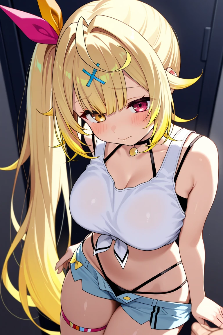 hight resolution, absurdres, best_Quality, Ultra_Detailled, 8K, extremely_clear, photo, beautiful, Beautiful face, Scharp Focus, HDR, 1girl, Clean eyes, very wide-eyed,cyberpunk megacity background , hanabi, Beautiful face, very red areola, standing , very seductive pose, very young, teen, no bra, bare chest, No Top, NSFW, Blond long hair with red ends, pierced ears, marin kitagawa, small tits, twintails