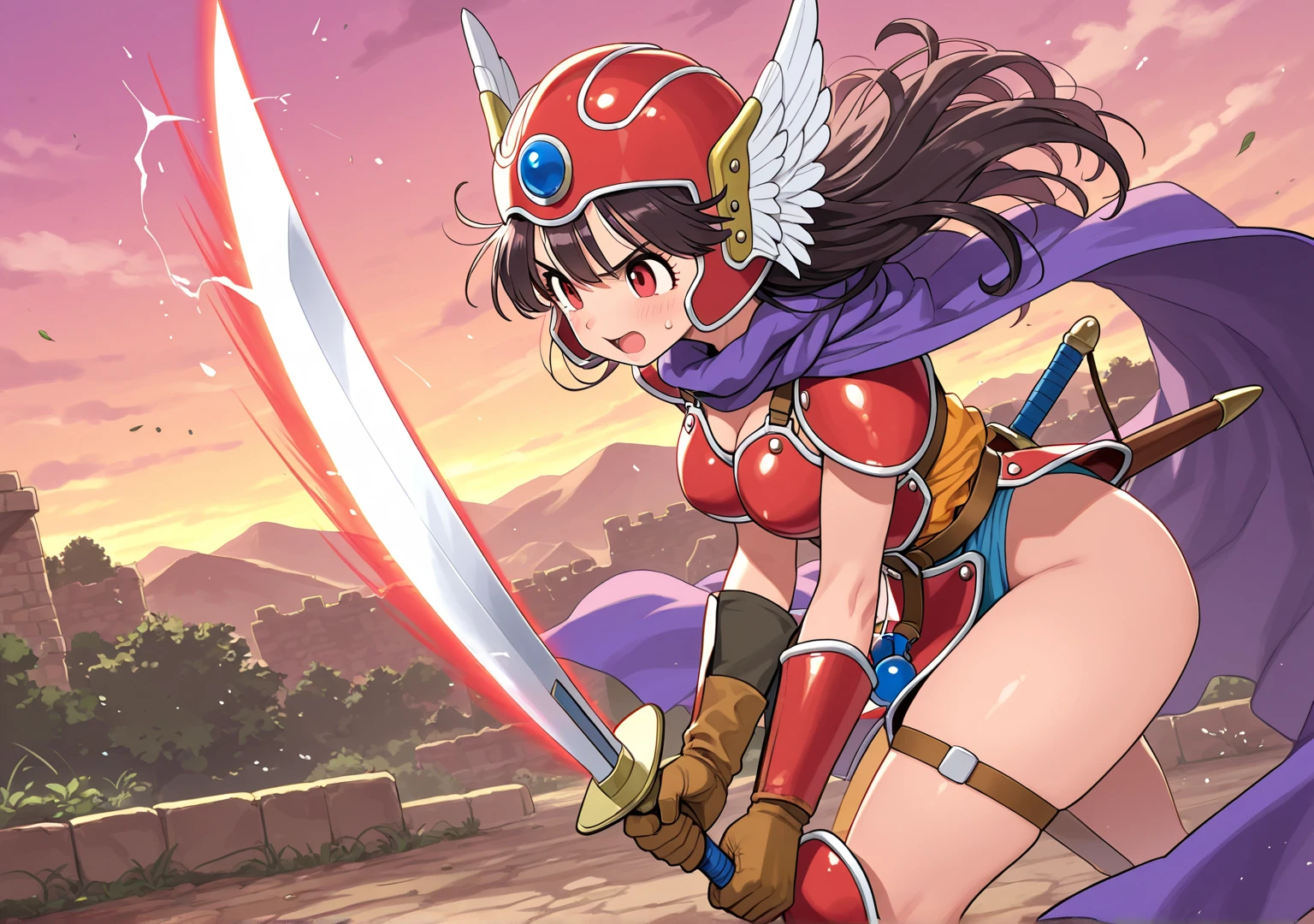 8K,high quality,anime,married woman,pale,beautifully shaped,beautiful face,small face,full body,clean,bright,highlights in eyes,sexy,super big tits,oversized tits,erotic,nude,beautiful line drawing. Red helmet, holding sword and shield, red bikini armor,