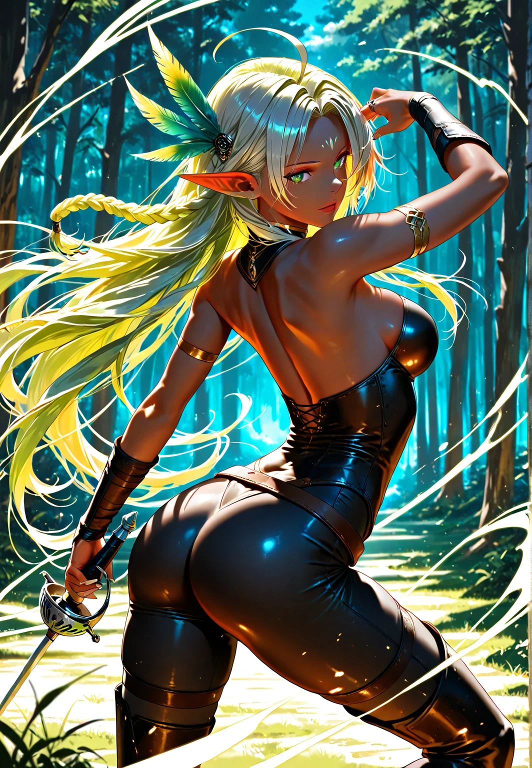 masterpiece, best quality, ultra-detailed

1girl, Dark-skinned Amazonian female warrior, green eyes, white eyeliner, green hair, fang, tusk, bone armor, plunderer, skull headgear, beast 

dinosaur hunting

'((Nervous face))', '((sweat))', '((Scared))',
'((((Holding up the torch))))', 

'((((look back))))', 
'((((appearance from behind))))',

'(((Midsummer night)))', '((((forest))))', '((((Dense Jungle))))', '(((Pitch Black Forest)))', '((((ghost👻))))',