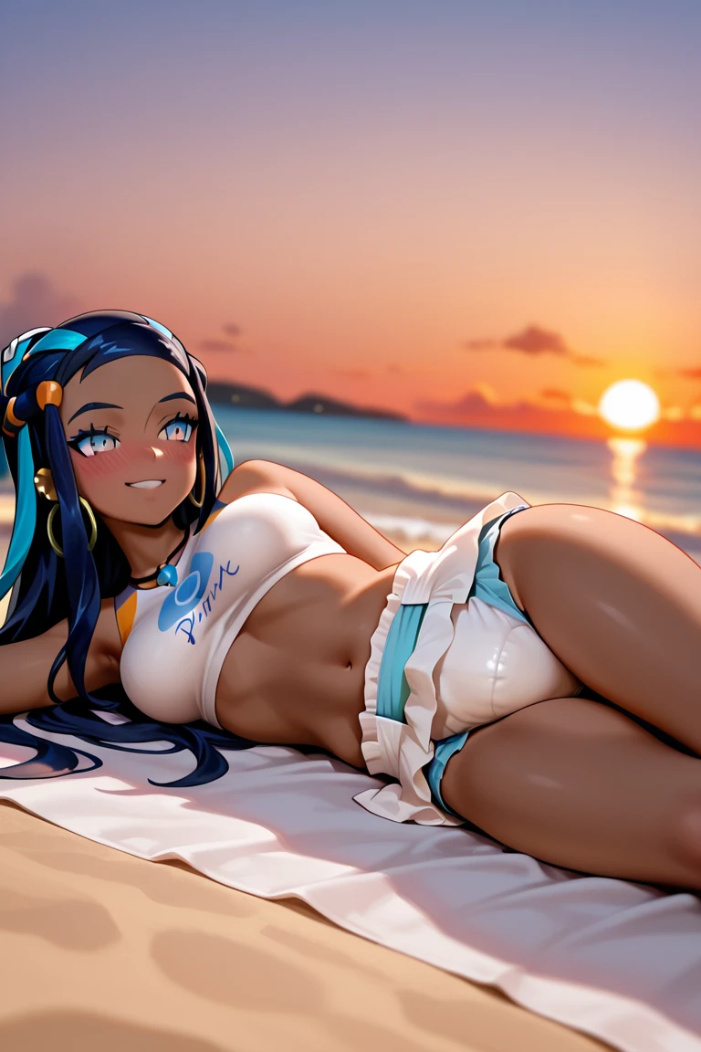 tropical island, beach, palm trees, ocean, beach ball, sand, sky, clouds, sun, sun light, (masterpiece), best quality, 8k, 4k, hd, hires, best quality, masterpiece, ultra-high detailed, hyper-detailed, intricate details, photo-realistic, beautiful details, studio lighting, detailed clothing, highly textured clothing, satin lighting, hyper resolution, insanely detailed, dark skin woman,