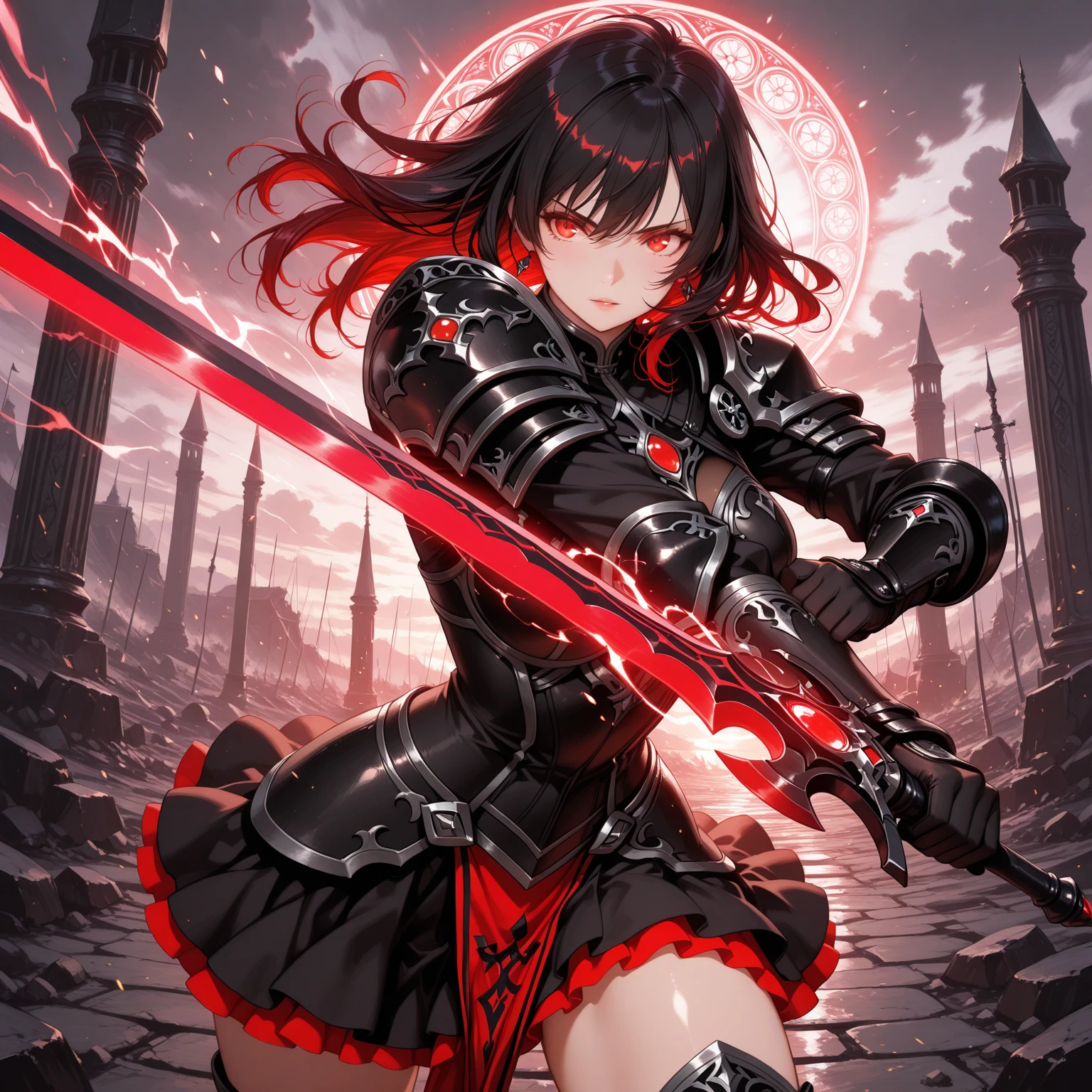 masterpiece, best quality, solo, 1girl, cowboy shot, mid-battle action, intense expression, fluttering hair, fluttering waist cloth, layered short skirt, dynamic pose, ornate lightweight armor, asymmetric design, shoulder guards, black and crimson color scheme, dark silver blade with red glow, magical energy effects, battlefield background, confident and focused, glowing eyes