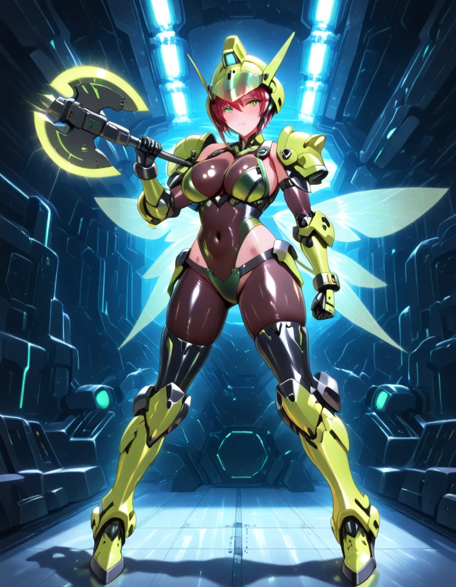 Cartoon photo of woman in green and red costume, hot insect humanoid woman, Guyver style, SFW version, scaraber reploid, tail, cel shade adult animation, alien queen, serpentine pose, --auto --s2