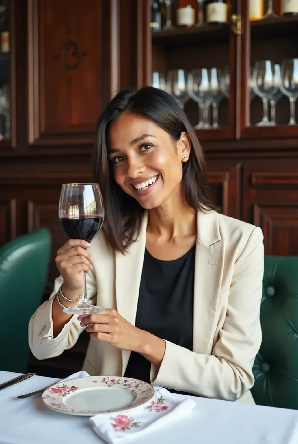 young latin woman, at a table in a restaurant, holding a glass of wine, High resolution image, low dark backlight and high resolution 8k