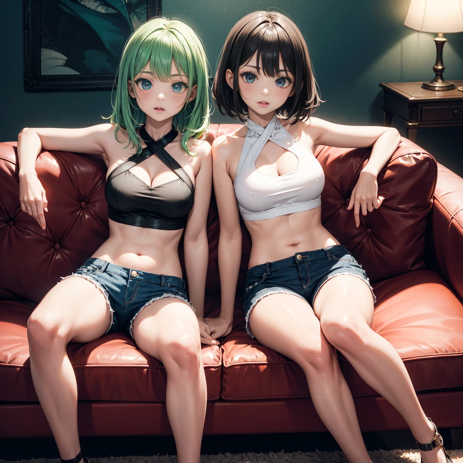 masterpiece, best quality, ultra detailed, beautiful face, beautiful skin, professional lighting, 2girls, (((on the right is a flat chest black bikini girl with short black hair))), (((a little further away on the left is a large breasts white bikini girl with long blonde hair))), full body, on sofa