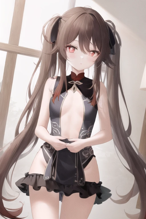 (Masterpiece:1.2, Highest quality:1.2), High quality, (long and thin legs, shoes:1.2), squat、Spread your legs with both hands、1 girl, (smile、Open your mouth大笑い:1.2), Cute eyes, (Detailed face:1.3)、Open your mouth, The whole face turns red, alone, Oversized breasts, Big and ample breasts, (Straight bangs, Twin tails), White maid outfit、(Bust only super micro bikini:1.2)、Side bust、Underbust、belly button、Walking the mansion&#39;s corridors、nsfw、shoes下