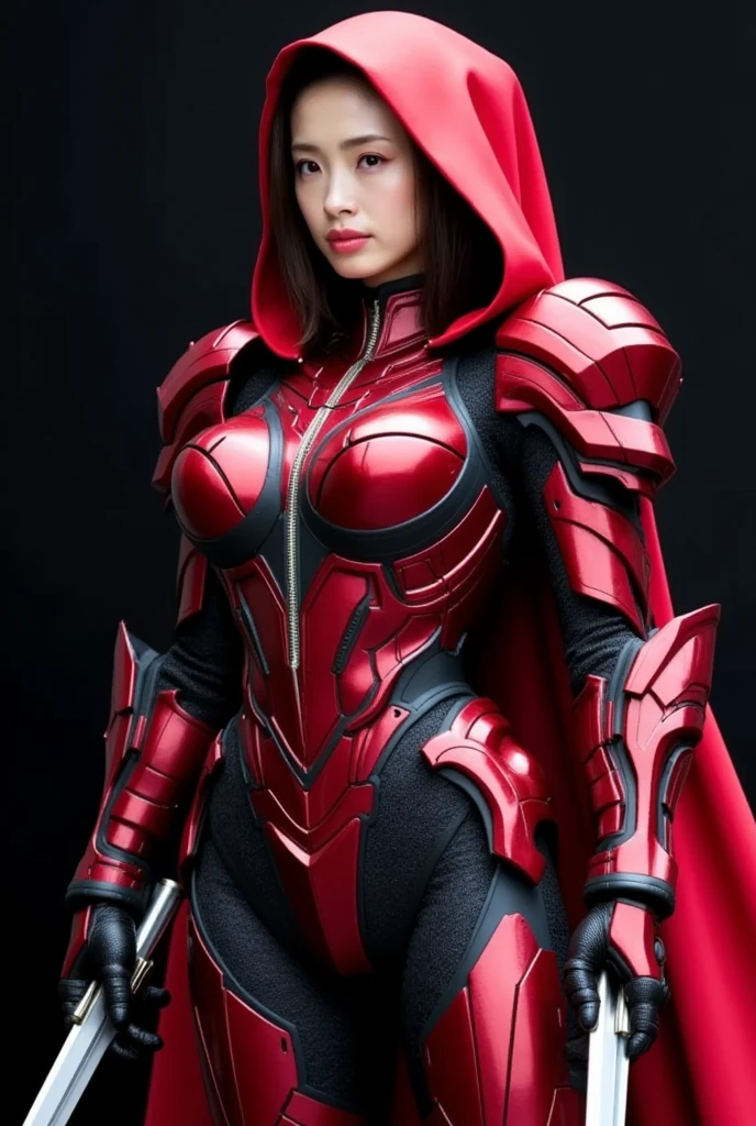 A female superhero in full body armor, featuring a sleek and sexy design with traditional Japanese elements. The armor covers her entire body, including her face, leaving no skin or mouth exposed. The design exudes strength and elegance, with intricate details and a futuristic aesthetic. The armor should have a form-fitting structure that highlights her powerful yet feminine silhouette, with subtle curves and sharp lines. Incorporate elements such as samurai or ninja-inspired details, including patterns reminiscent of traditional Japanese textiles, and motifs like cherry blossoms or dragon scales. The color scheme can include metallic shades, deep reds, blacks, and golds, with glowing accents that add a touch of modern technology.