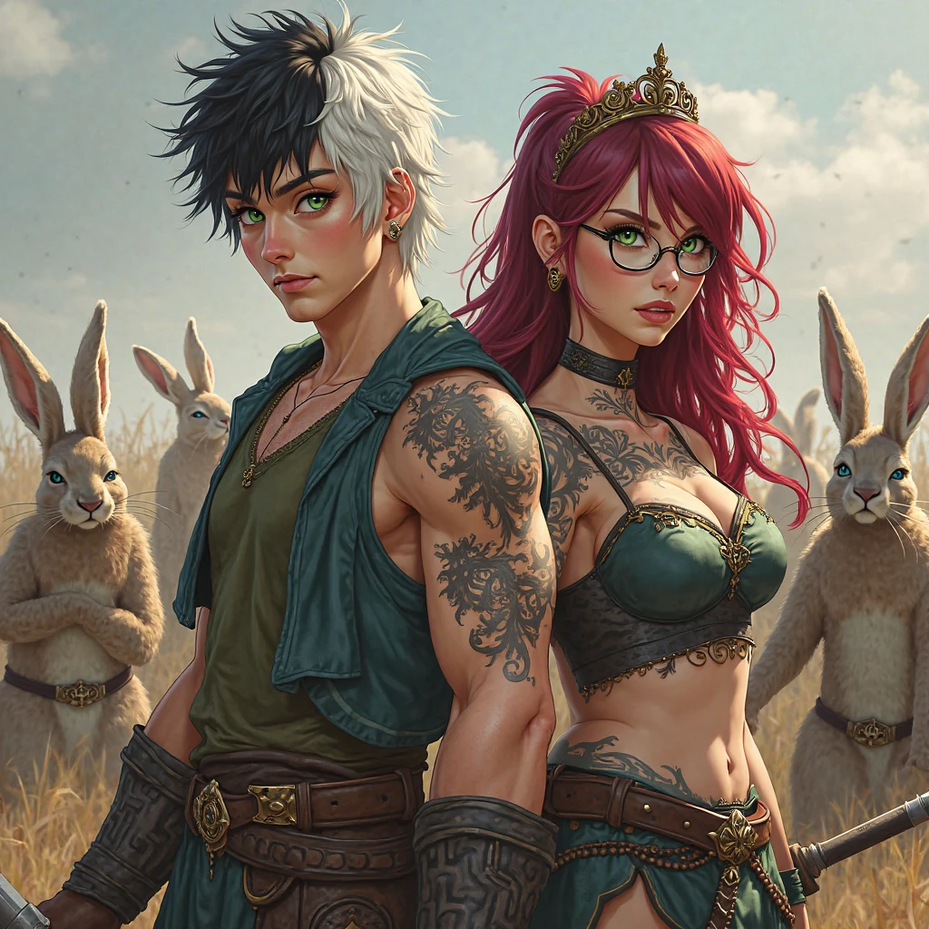 Concept Art, "1 Couple, Handsome Boy", an ultra-detailed and stunningly beautiful CG illustration depicting a sultry green man-wolf with purple hair, sharp green eyes, standing tall in shorts. Gorgeous green fur and yellow dotted on the belly, tail and fur, this animal-like beauty exudes sensuality in every pose, breathtaking rendering, within radiant connections, multiplayer interaction, magical elements, gorgeous, casting colorful spells, bright flashes,