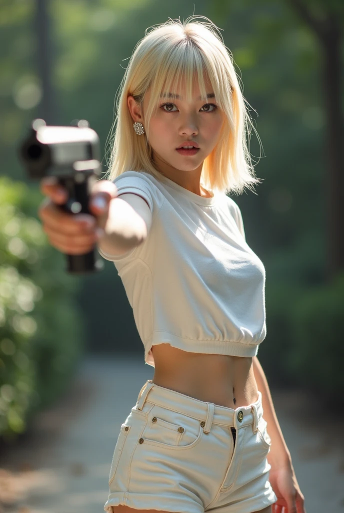 Caucasian woman about 30 years old, blonde hair, blue tank top, white miniskirt, falling down a ladder, red ladder, exterior setting of European-style house, wide shot. The paint bucket was white and painted red. It was falling over and the person was covered in dirty paint. panicked face.