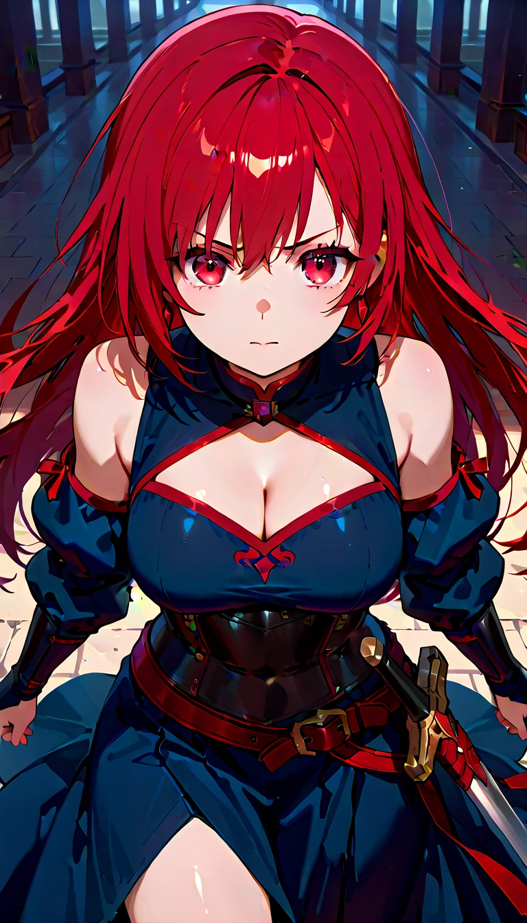 Alastair, female, red hair, long hair, large smile, glowing red eyes, red eyes, yellow teeth, large chest, red vest, cleavage, boob window, red skirt(skin tight), red combat boots, thicc thighs, red cane,