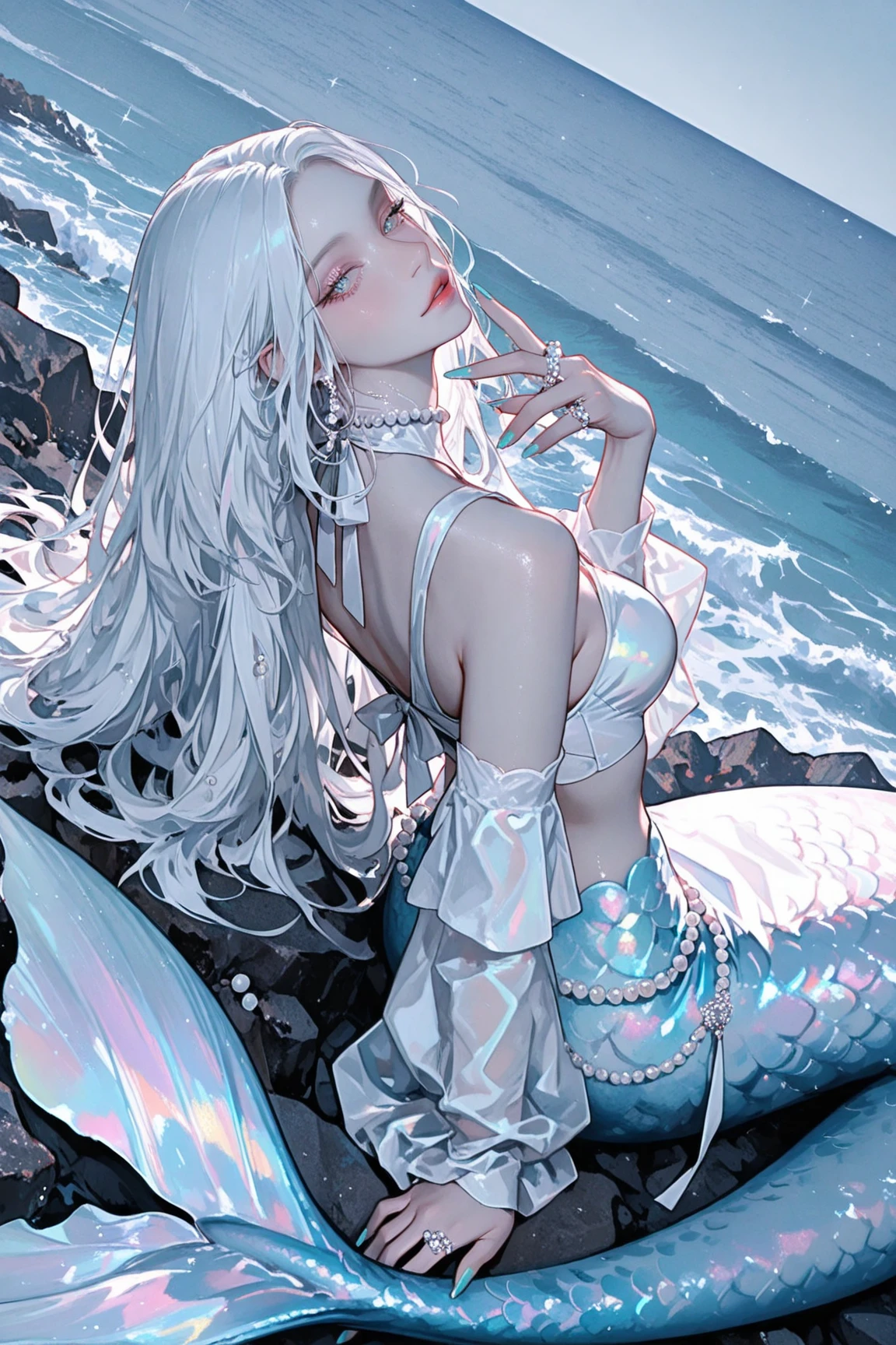 (Perfect image quality + Master detail)，On the beach, a girl with white hair lies prone on the ground，The sea slowly engulfed her，It seems that everything is so rosy，It was as if night had fallen...