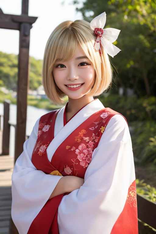 (Very detailed CG), (highest quality), perfect face, shiny skin, Glossy skin,wide hips, 1 girl,alone , Okitashoji Temple,arm guard,wide sleeve,Legwear without toes,bangs,heart, white kimono, Shinsengumi, black tig high, yellow eyes,Thighhighs , short kimono, Haori, black bow, black scarf, short hair, Ahoge, scarf, blonde hair, hairbow,bow, kimono,kimono,teeth,teeth focus, think back,