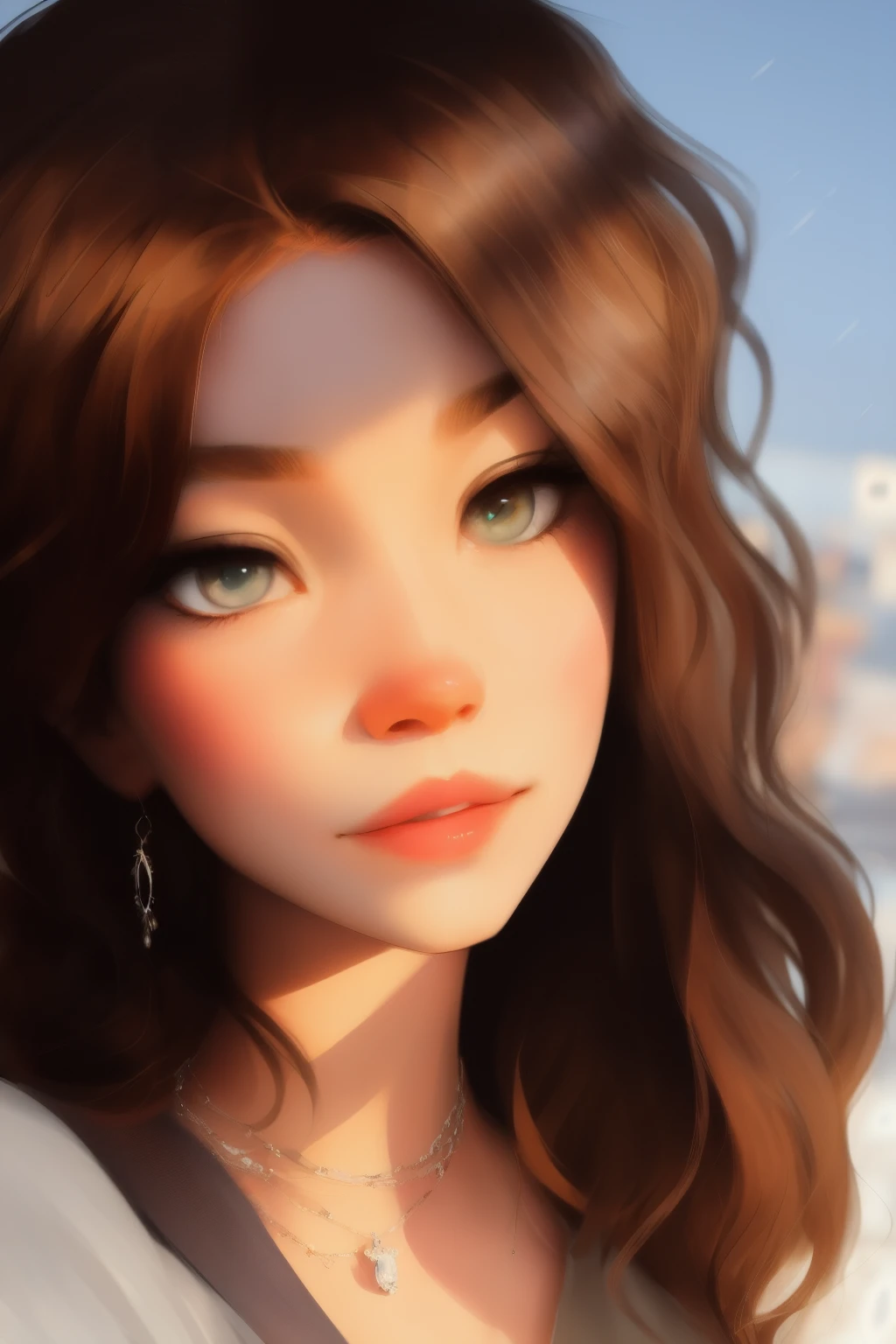 SamDoesArt , half body, girl with neutral expression, she wear a red, young girl, long brown hair, grey eyes, intricate detail, cute face , cute expressions, full body, ginnifer goodwin