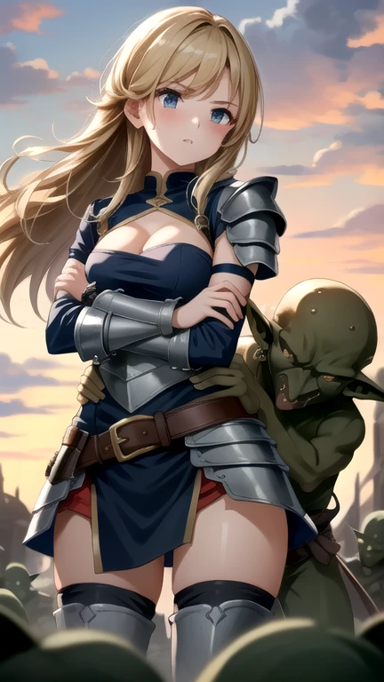 1 girl,18-year-old,Excellent anatomy, masterpiece, highest quality,realistic, hyperrealistic, 16K HDR,cleavage,damaged body,Sweat,beautiful face,mature woman,muscular paladin,,metal collar:1.2) ,(handcuffs:1.2),(blush,anger,crawl on all fours,top down,Bottom-up:1.3),Fantasy World,outdoor,(castle background:1.2),blue sky,(Surrounded by many ferocious goblins:1.3),(goblin riding, a goblin is riding a girl,grab her head:1.3),(from below:1.2), celes chere, blue headband green leotard white cape blue belt blue bracelets blue boots , big breasts