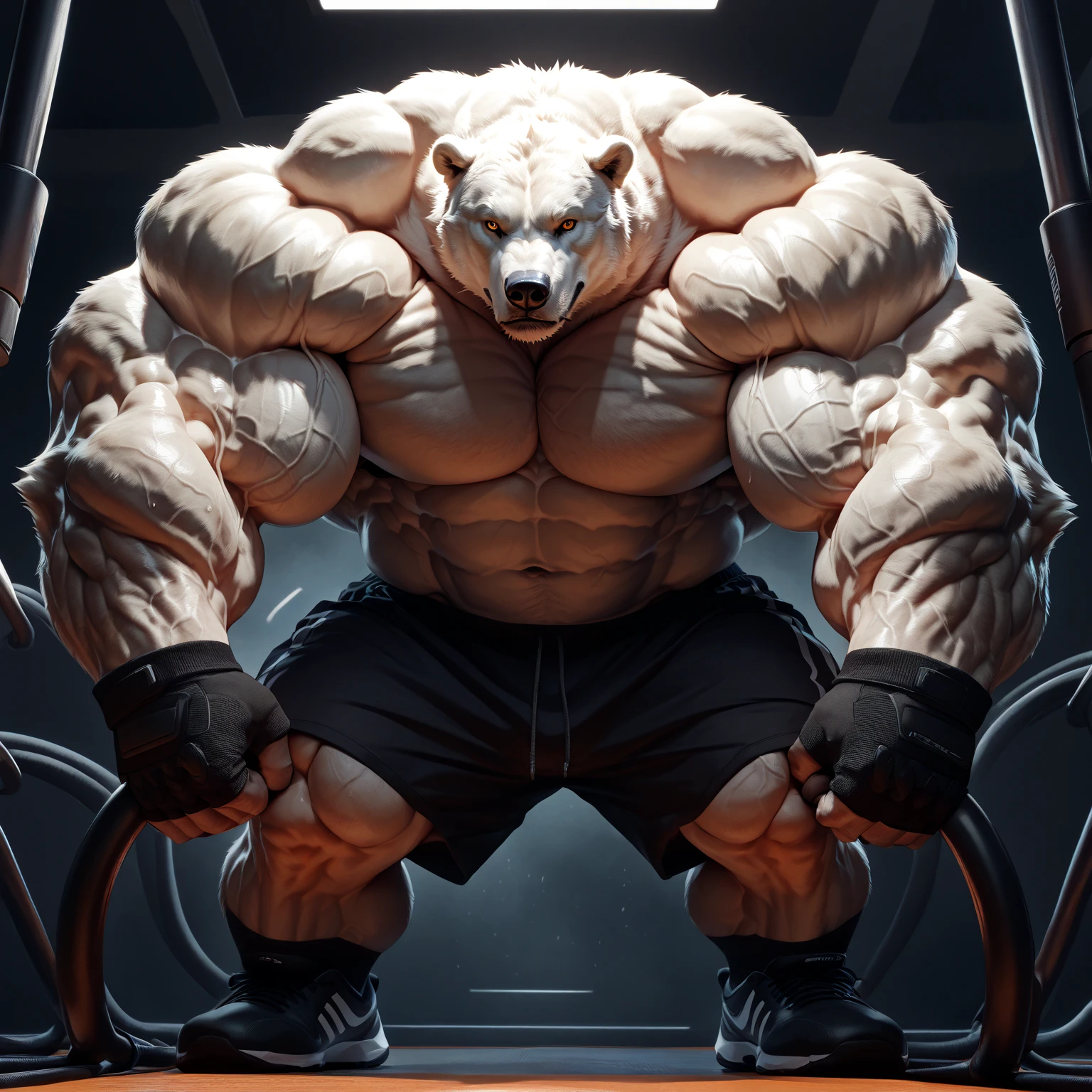 huge muscular polar bear Dad in big Gym, big smirk, polar bear, huge white fur, thick arm, huge arm, bearded. Short white hair and white beard, white mustache, bearded white, (muscular, pectoral, wide pectoral, thick arms), HEIGHT: 220CM, WEIGHT: 200kg (440 lbs), correct anatomy, gym, veins, realistic, added grayish eyebrows, detailed eyes, 8k, masterpiece, (wearing black shorts, wristband, watch and shirtless), flexing his shoulders up massive muscles