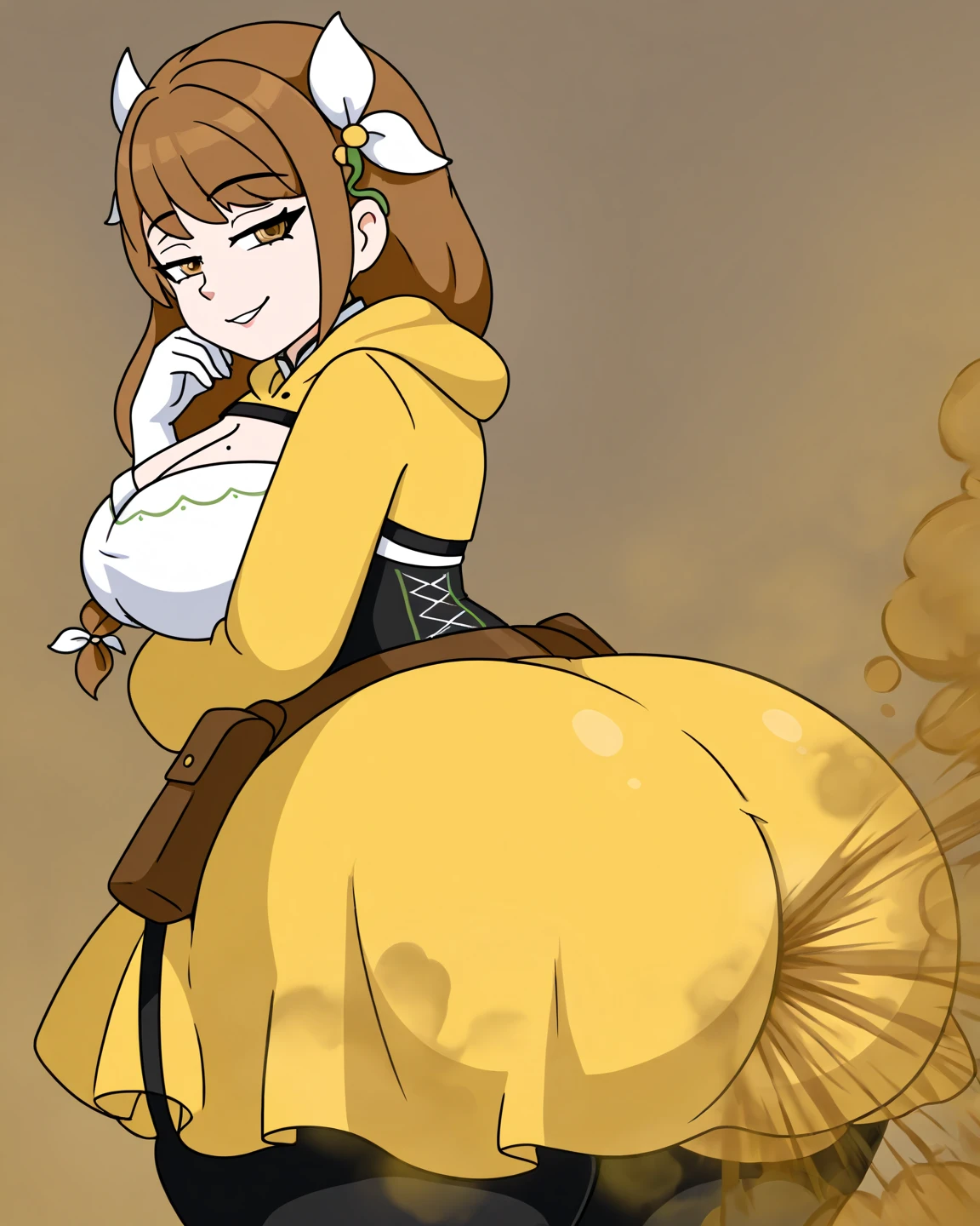 anime girl who has hones on head in a purple kimono standing in front of a building, commission for high res, thicc, thick tail, bending over, half invoker half megumin, long elegant tail behind, lit from behind, insanely inflated hips, full growth from the back, wide hips, painted in high resolution, distant full body view, full colored, (((Yellow smoke is rising ))),(((big fart coming out of the ass ))), (((Fart sound is too loud))),(((fart smells too bad))),(((explosive fart)))