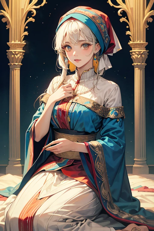 ((best quality)), ((masterpiece)), (detailed), 1girl, oriental turban, mixed race girl, African American + Caucasian girl with lighter skin, young woman, royal, jewelry, princess, beautiful, , shoulders showing, silk clothing, skinny, , white hair, Japanese clothing, fantasy, middle eastern, head scarf, beautiful headwear, Japanese inspired design clothes