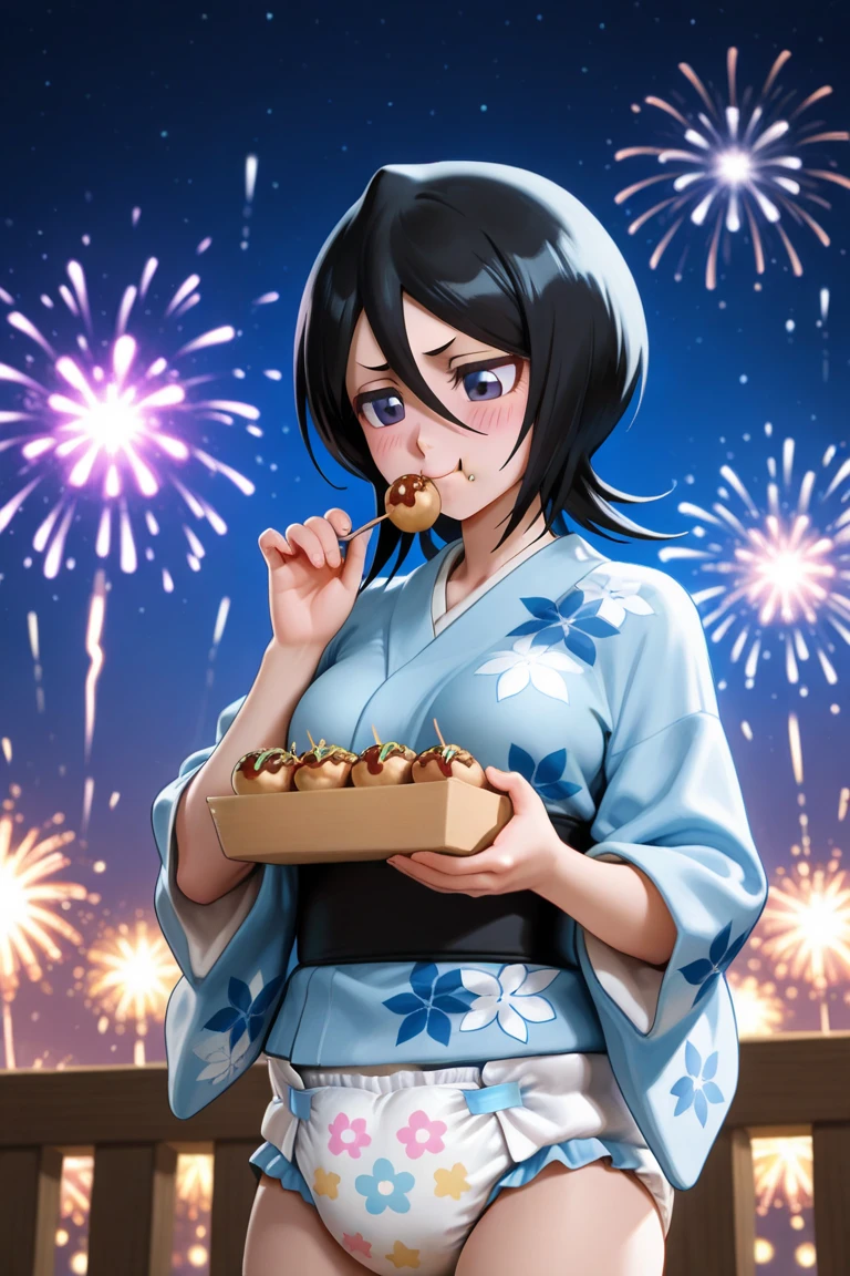 Animal ears girl Floral kimono Big Breasts Night view firework Hot Dog Hold in mouth Turn around Black Hair Slender geta